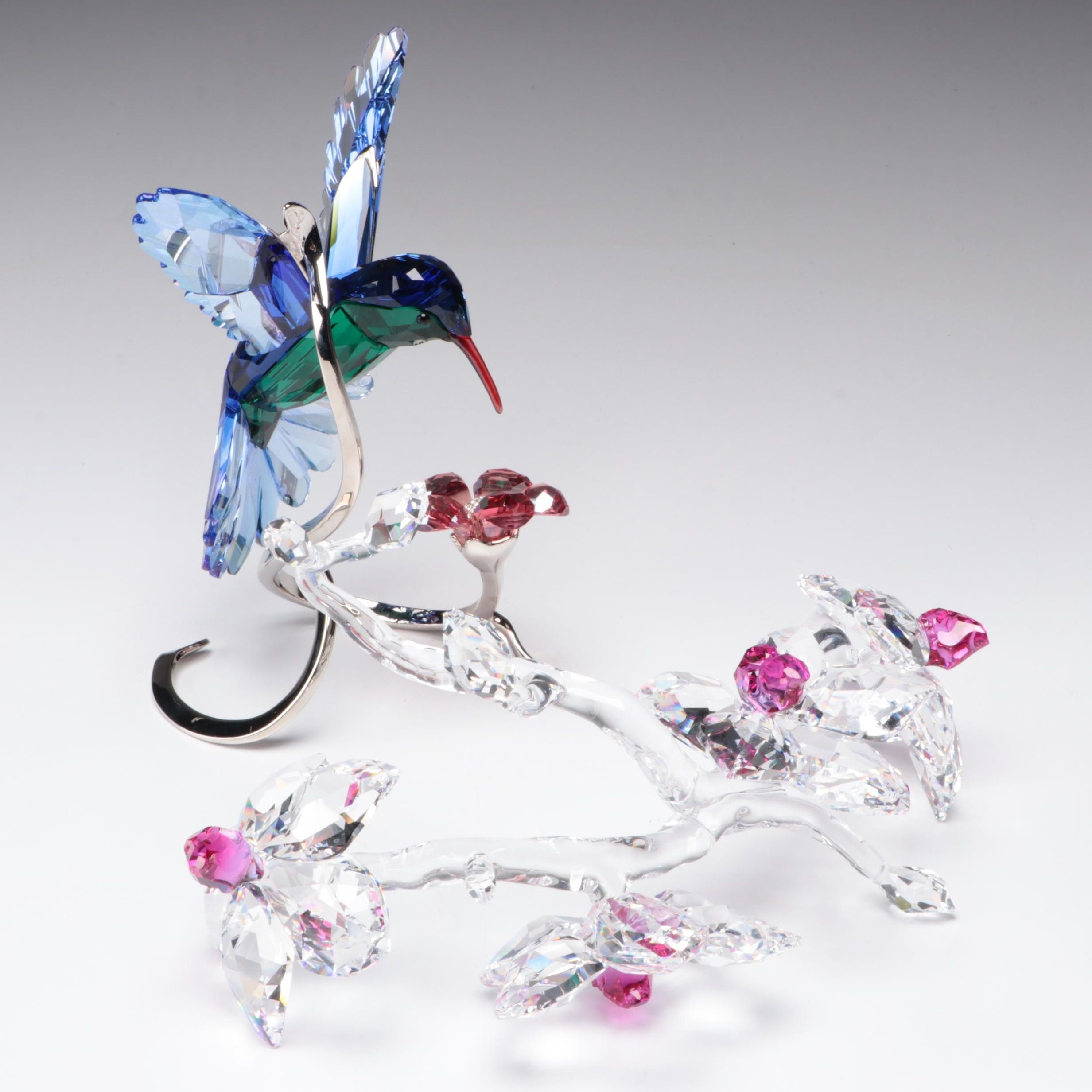 Swarovski Crystal Hummingbird and Orchid Figurines