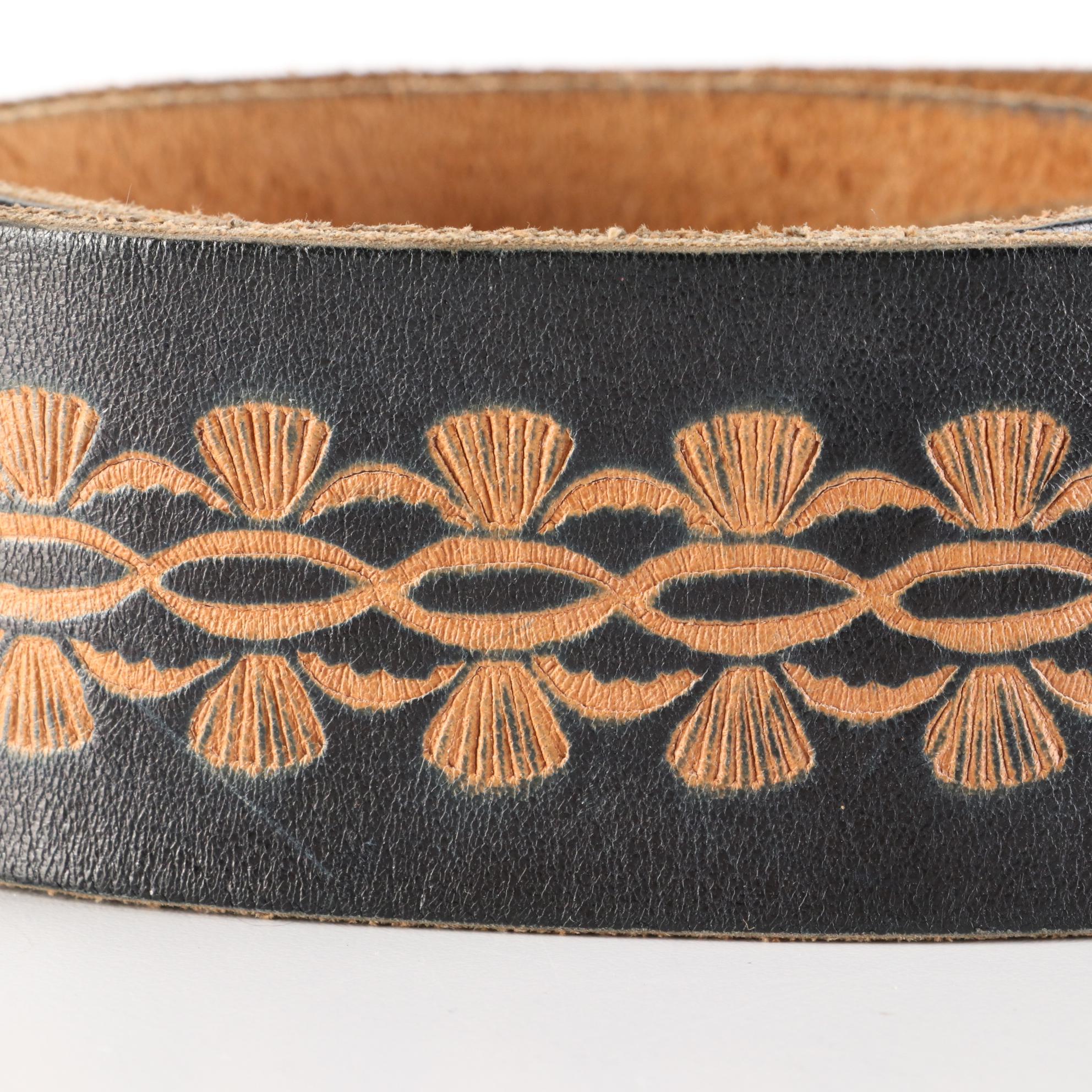 Coin Holder Style Western Belt Buckle on Tooled Leather Strap