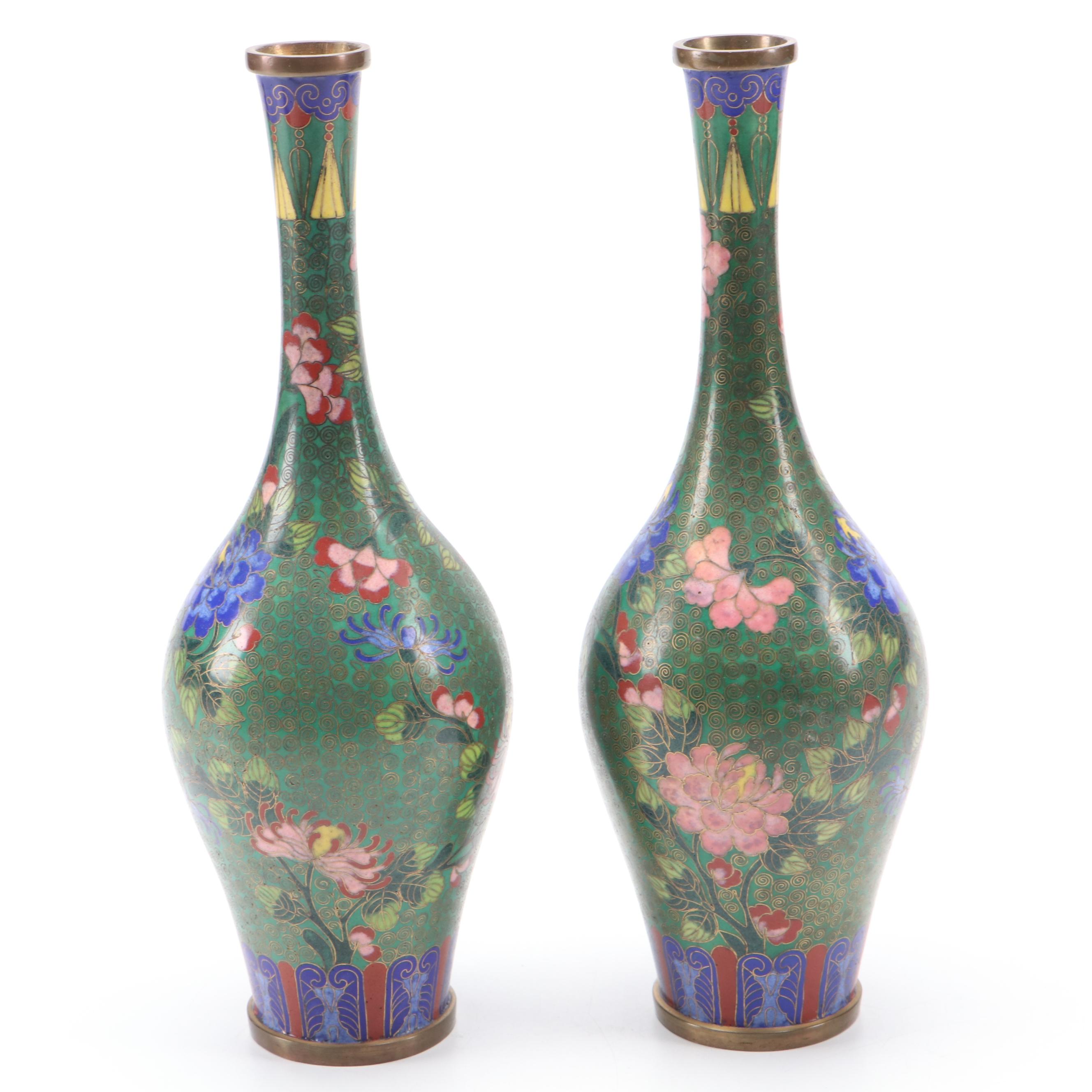 Pair of Chinese Cloisonné Chrysanthemum and Peony Bottle Vases