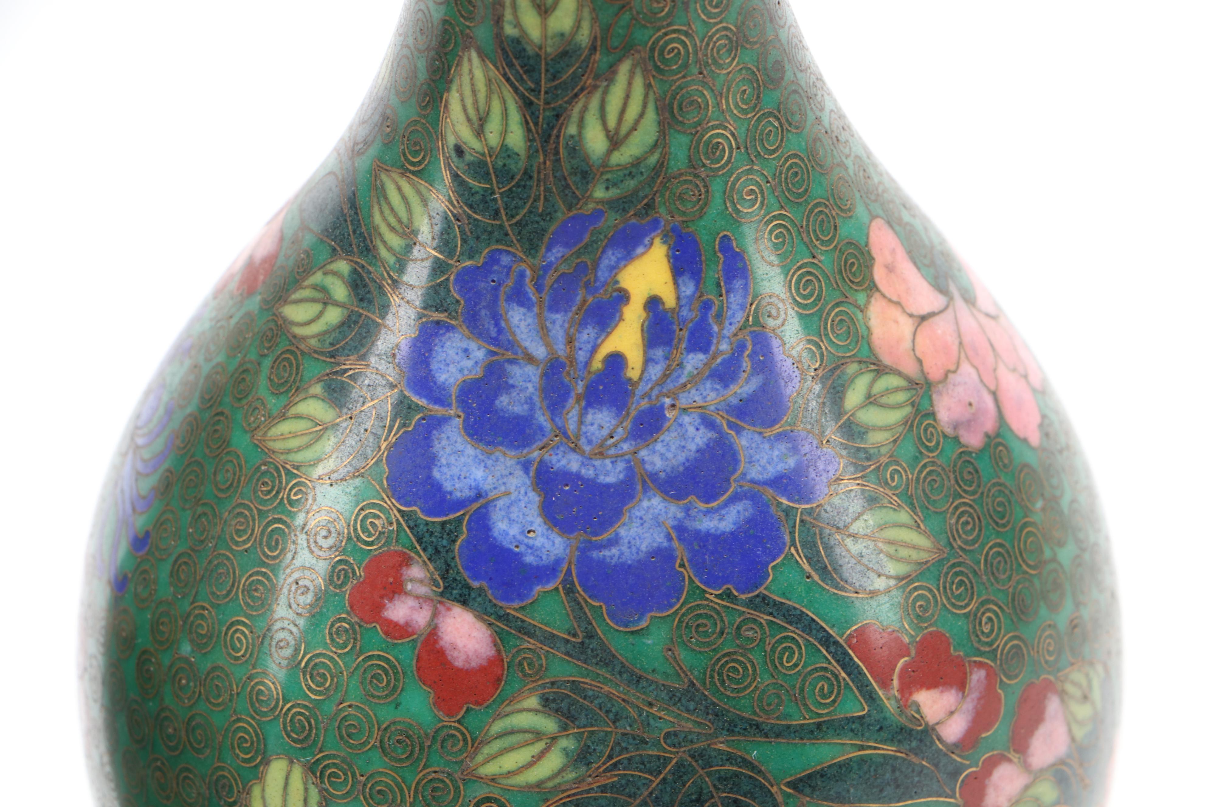 Pair of Chinese Cloisonné Chrysanthemum and Peony Bottle Vases