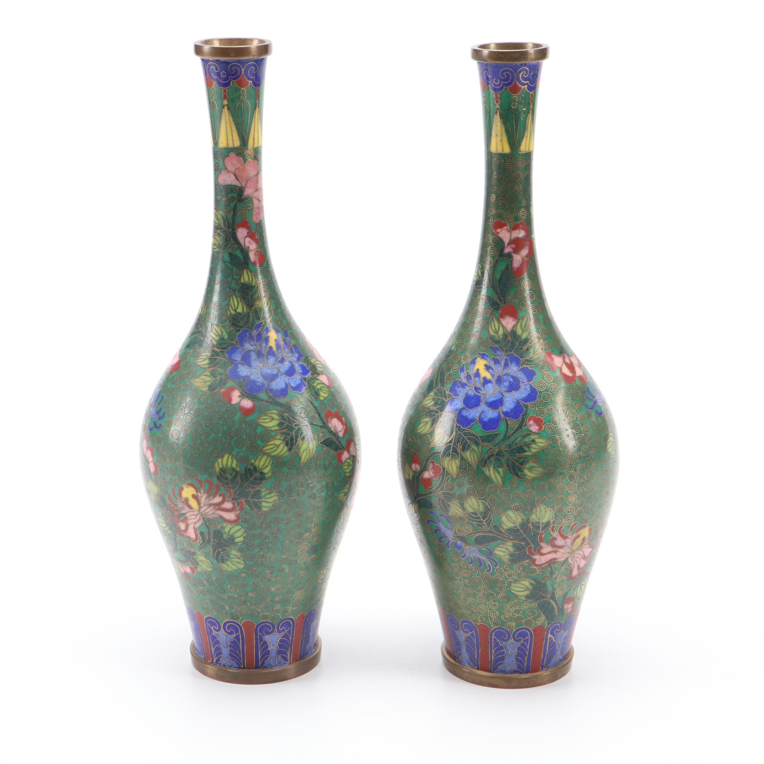 Pair of Chinese Cloisonné Chrysanthemum and Peony Bottle Vases
