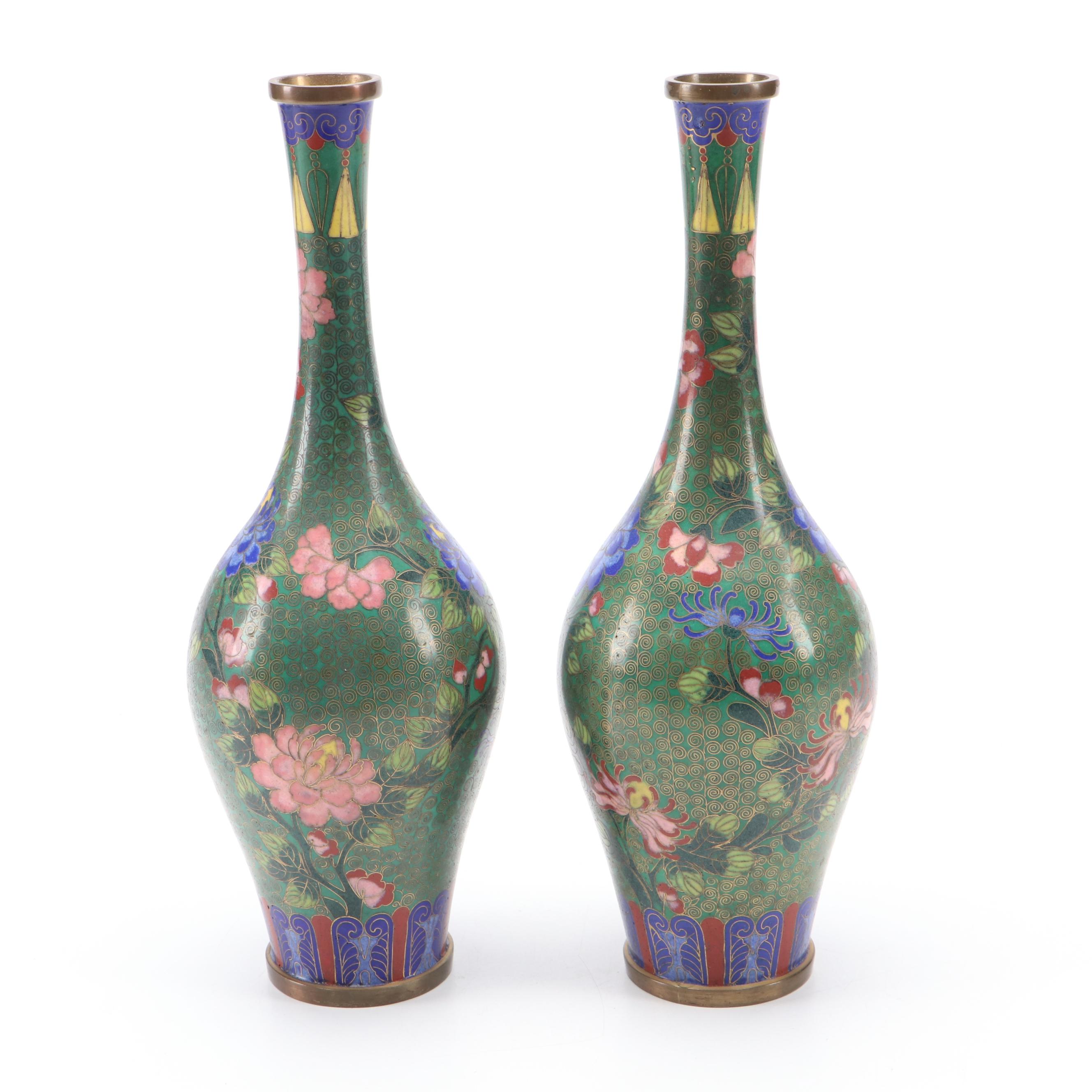 Pair of Chinese Cloisonné Chrysanthemum and Peony Bottle Vases