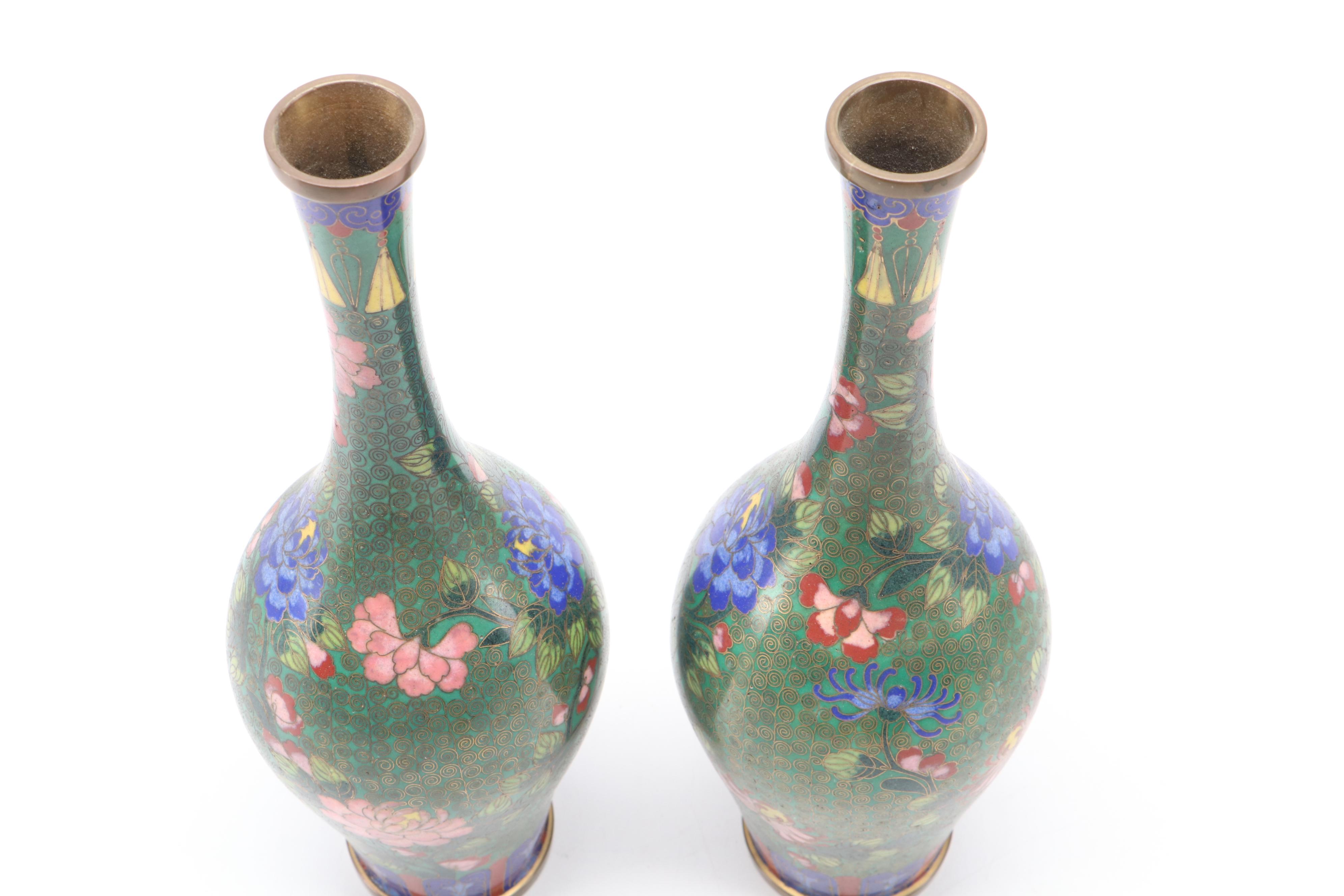 Pair of Chinese Cloisonné Chrysanthemum and Peony Bottle Vases