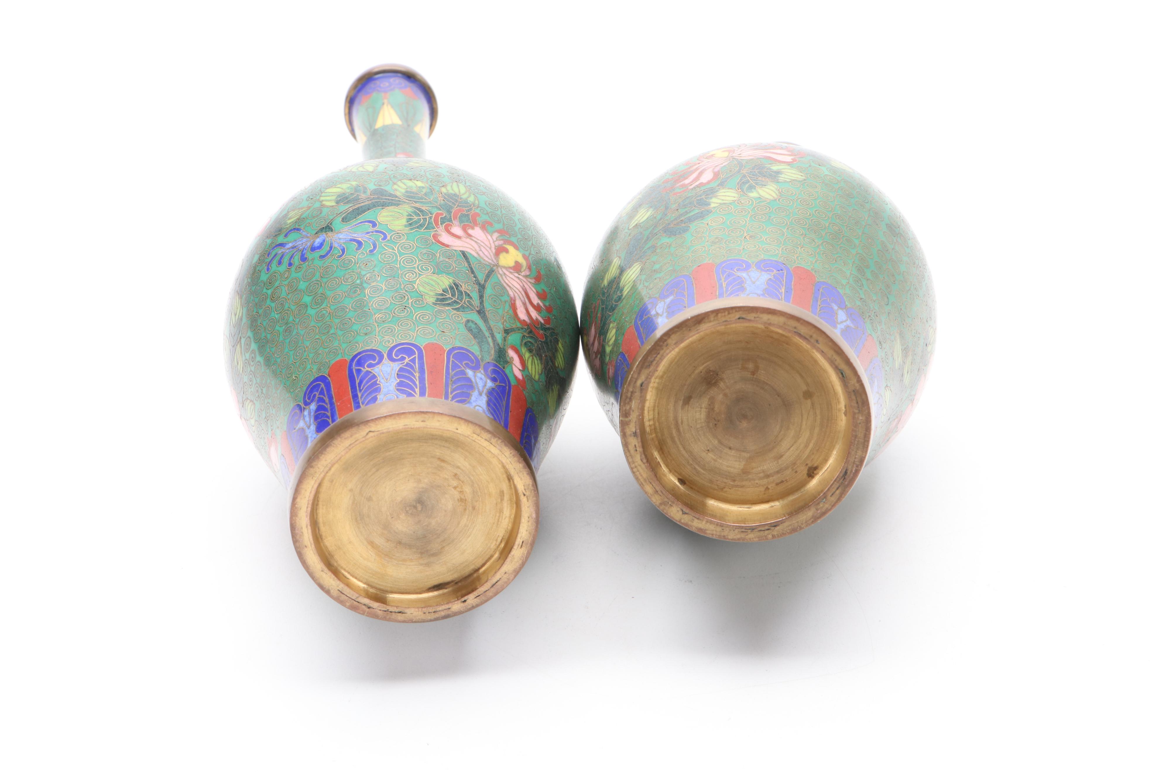 Pair of Chinese Cloisonné Chrysanthemum and Peony Bottle Vases