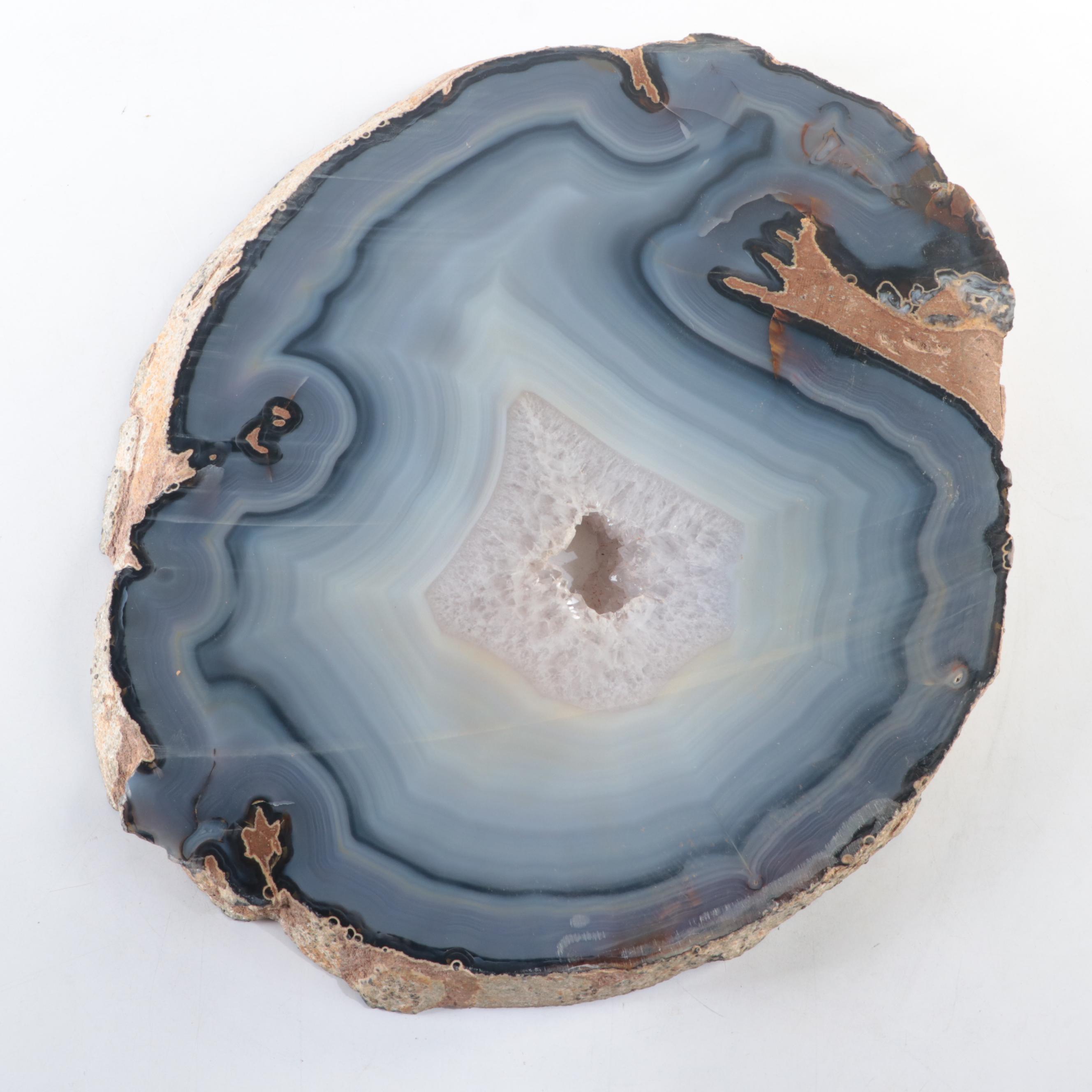 Cut and Polished Blue Banded Agate Geode Slice
