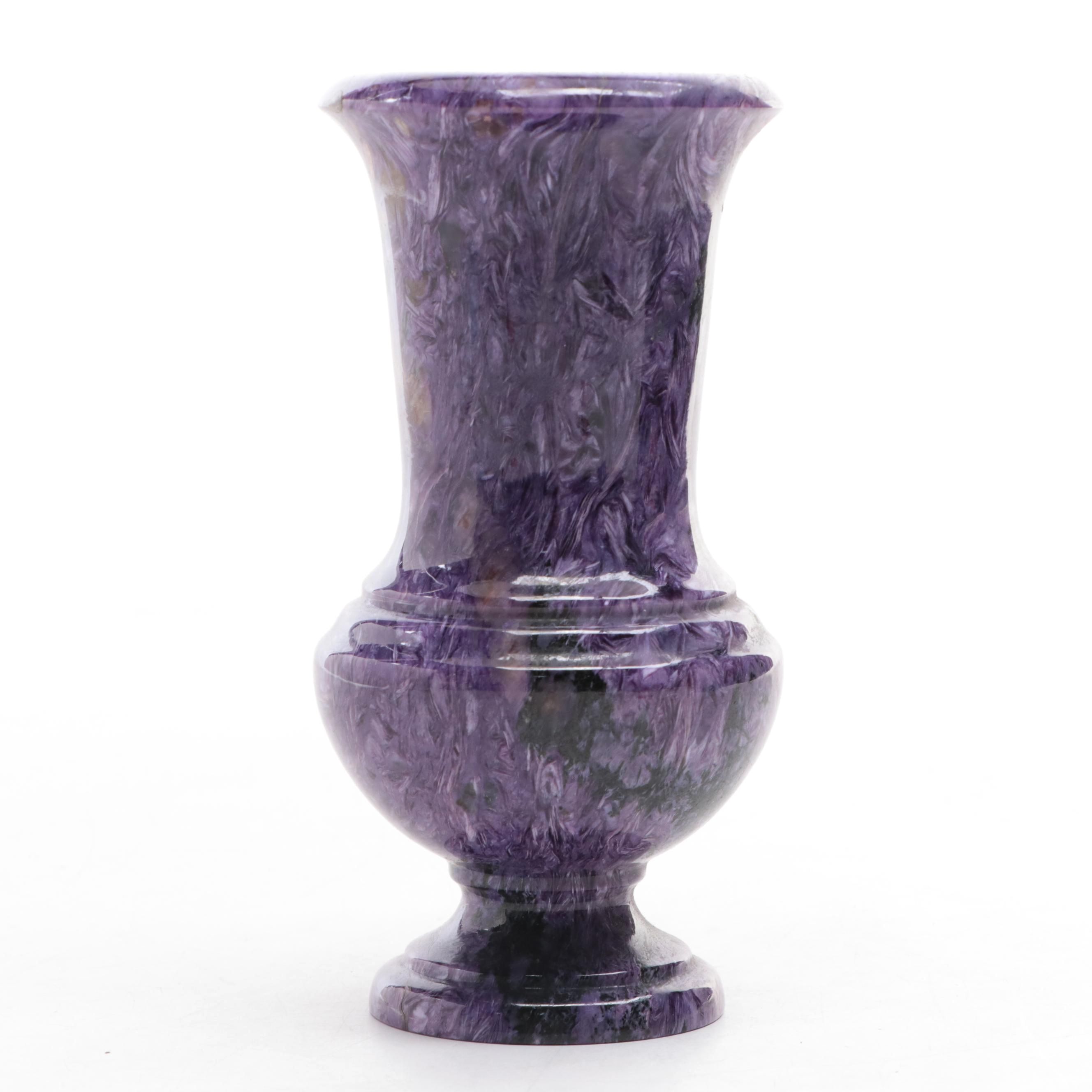 Carved Polished Charoite Urn Vase