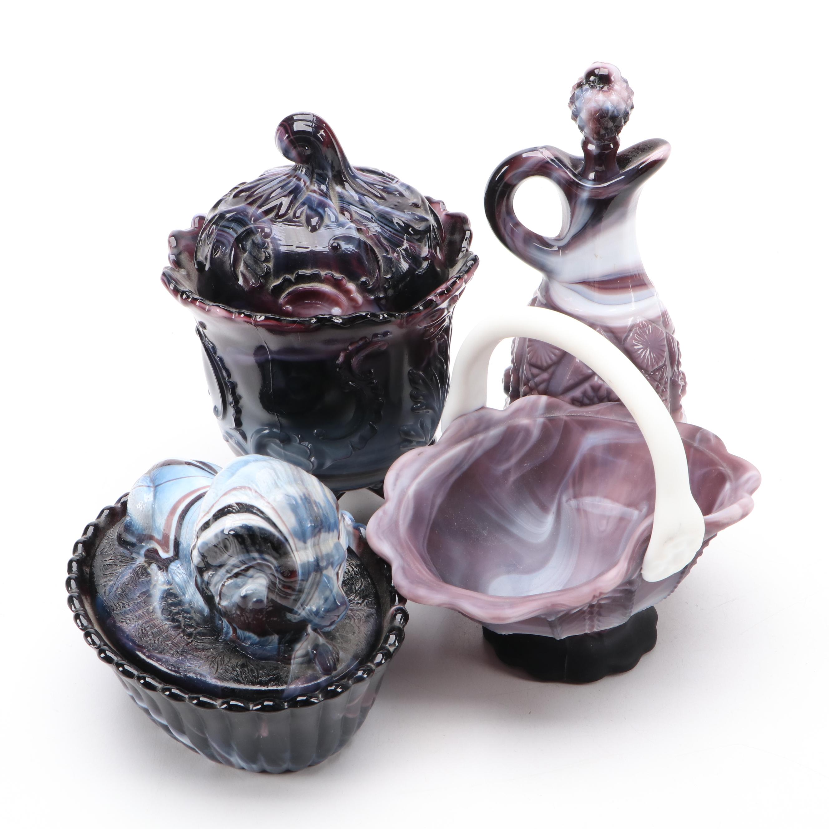 Imperial Glass Slag Items with Westmoreland Slag Glass Lion Lidded Dish