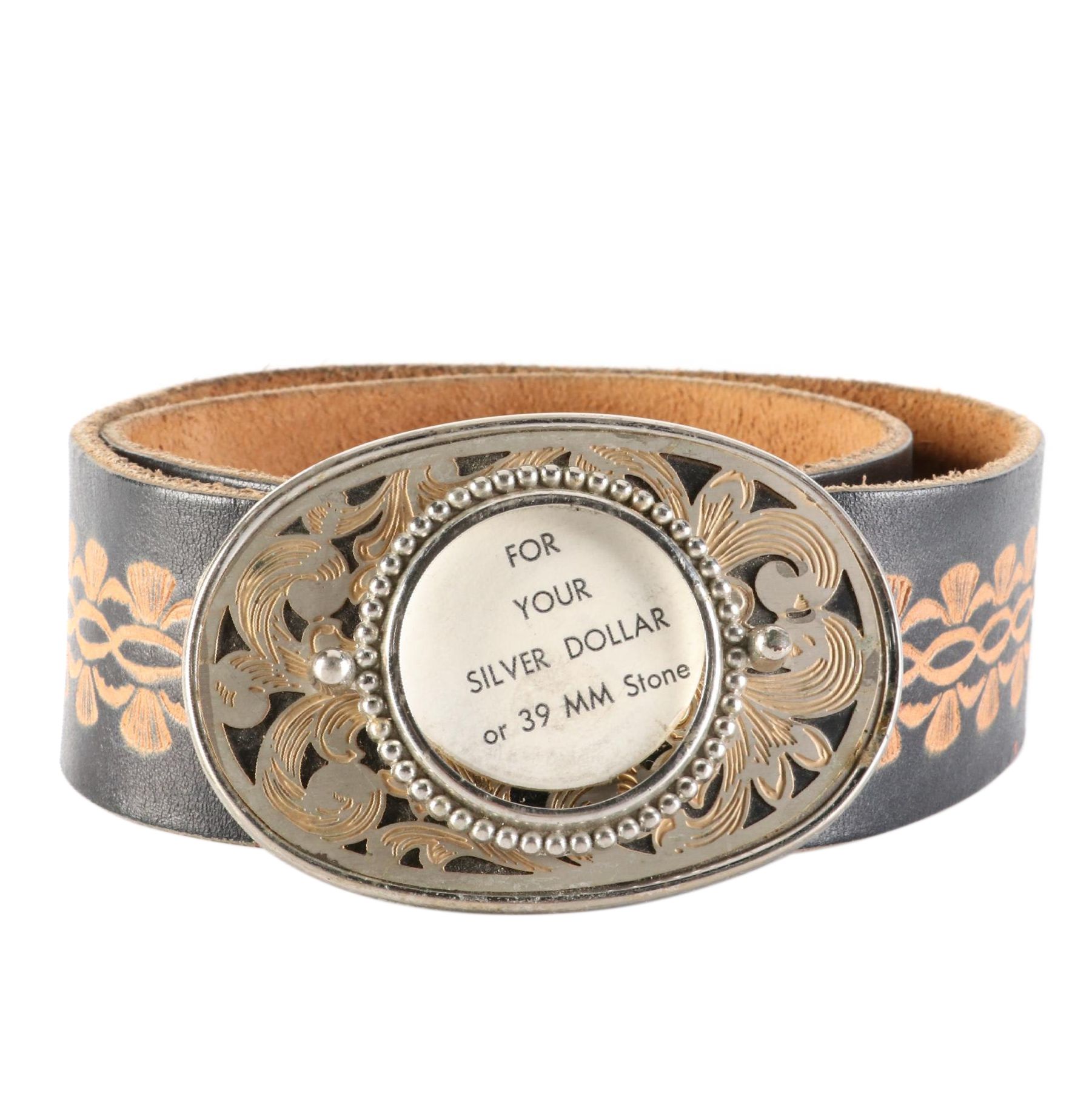 Coin Holder Style Western Belt Buckle on Tooled Leather Strap