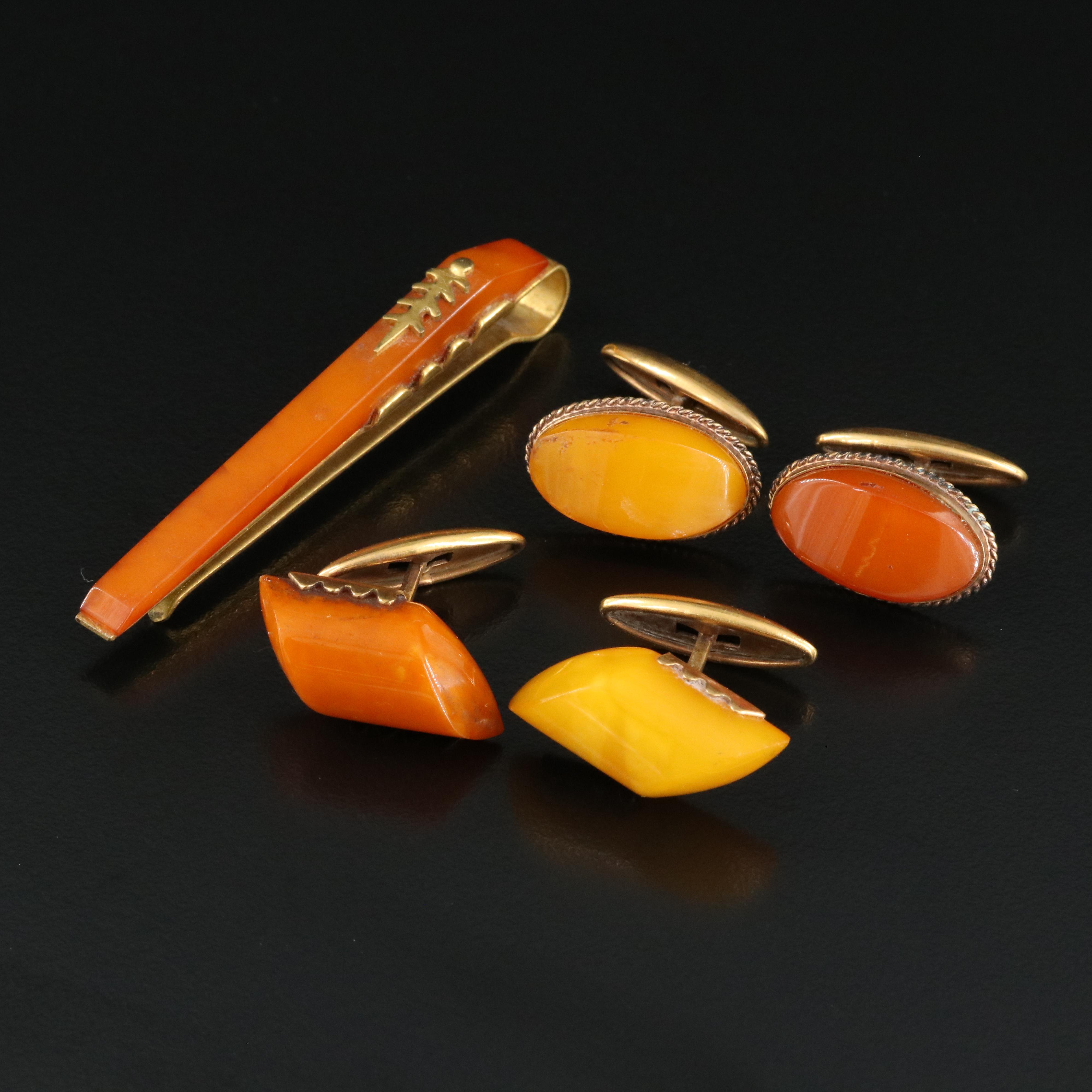 Vintage Amber Gentleman's Tie Bar and Cufflinks with Rockwell Kent Provenance
