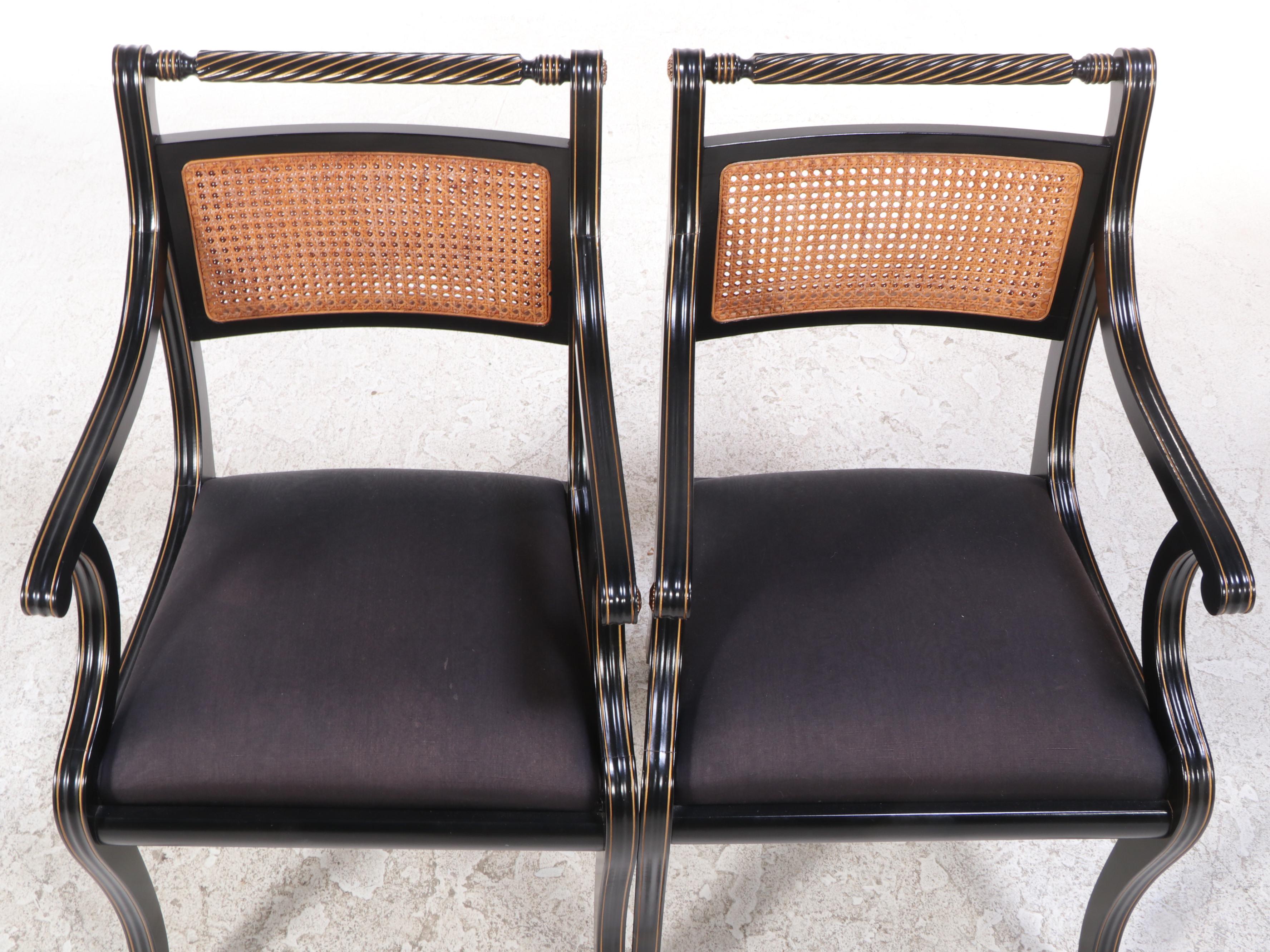 Italian Neoclassical Style Parcel-Gilt and Ebonized Cane-Back Dining Armchairs