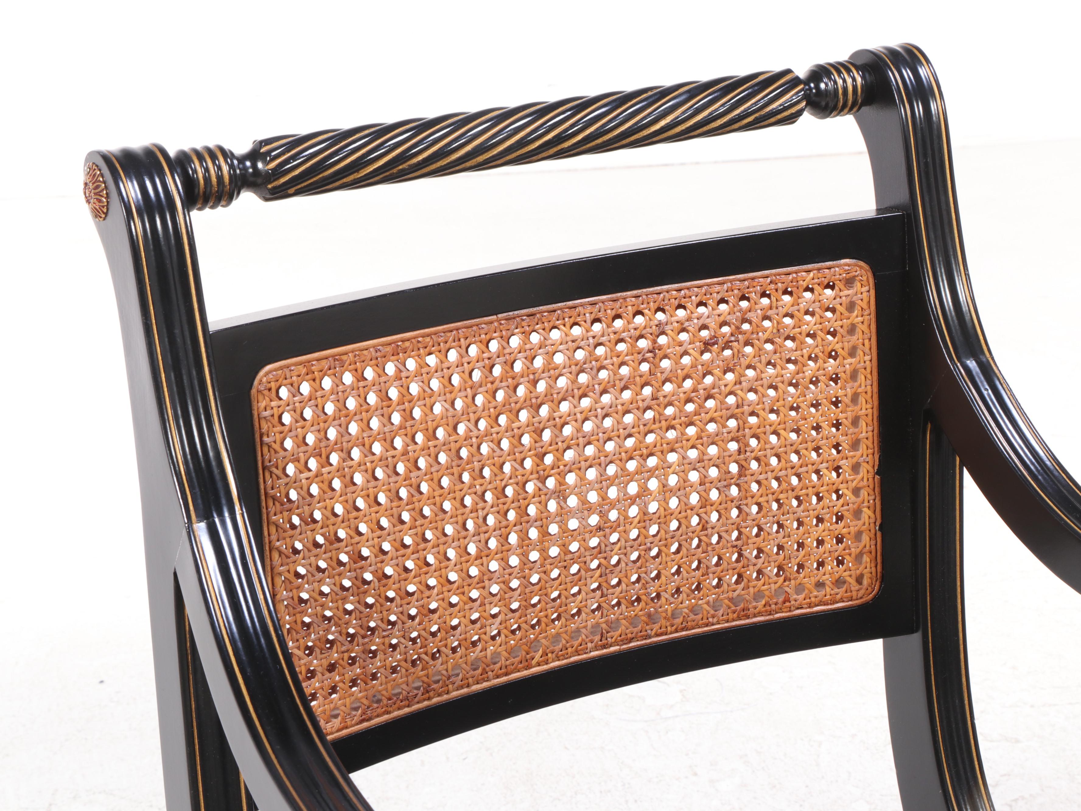 Italian Neoclassical Style Parcel-Gilt and Ebonized Cane-Back Dining Armchairs