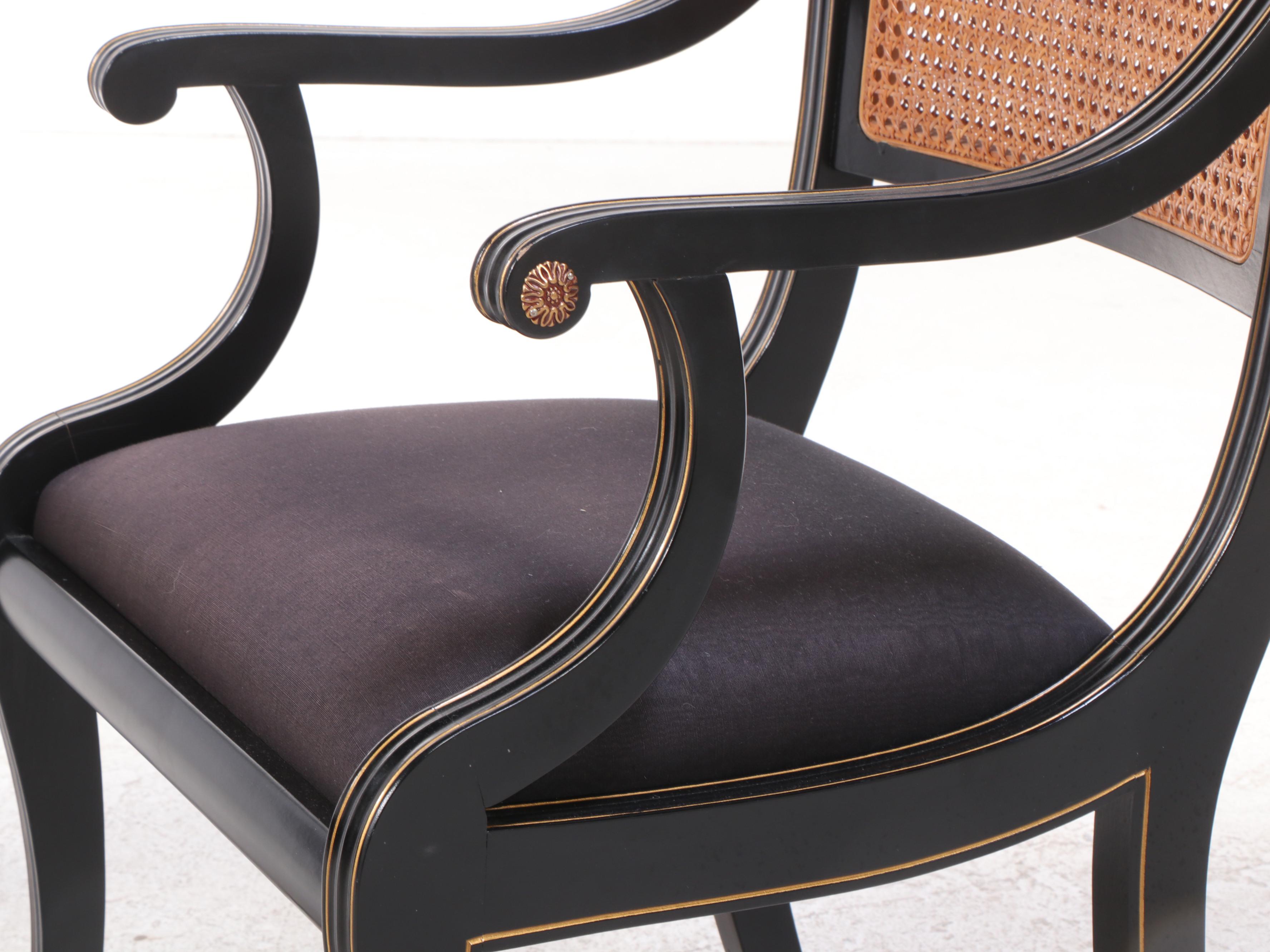 Italian Neoclassical Style Parcel-Gilt and Ebonized Cane-Back Dining Armchairs