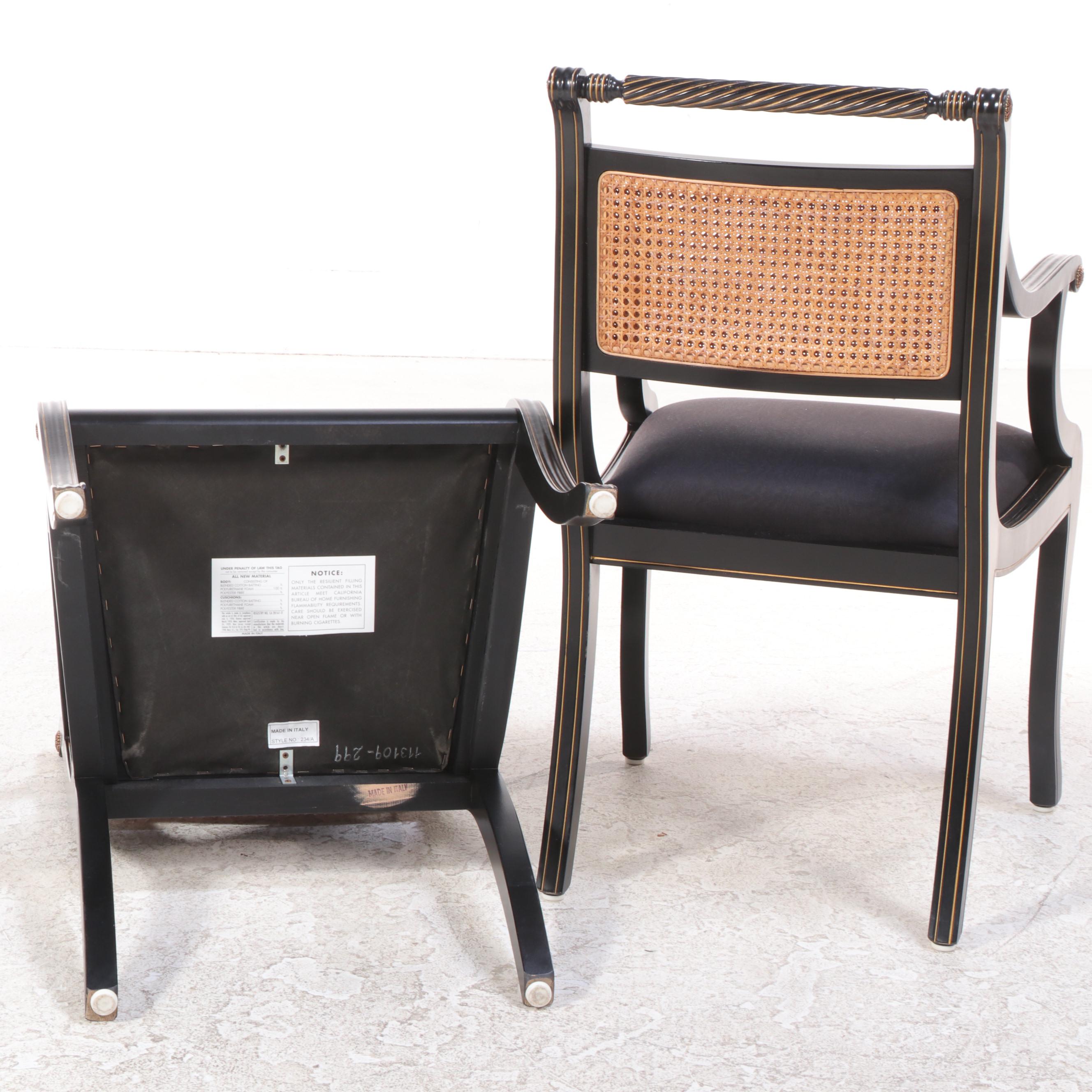 Italian Neoclassical Style Parcel-Gilt and Ebonized Cane-Back Dining Armchairs