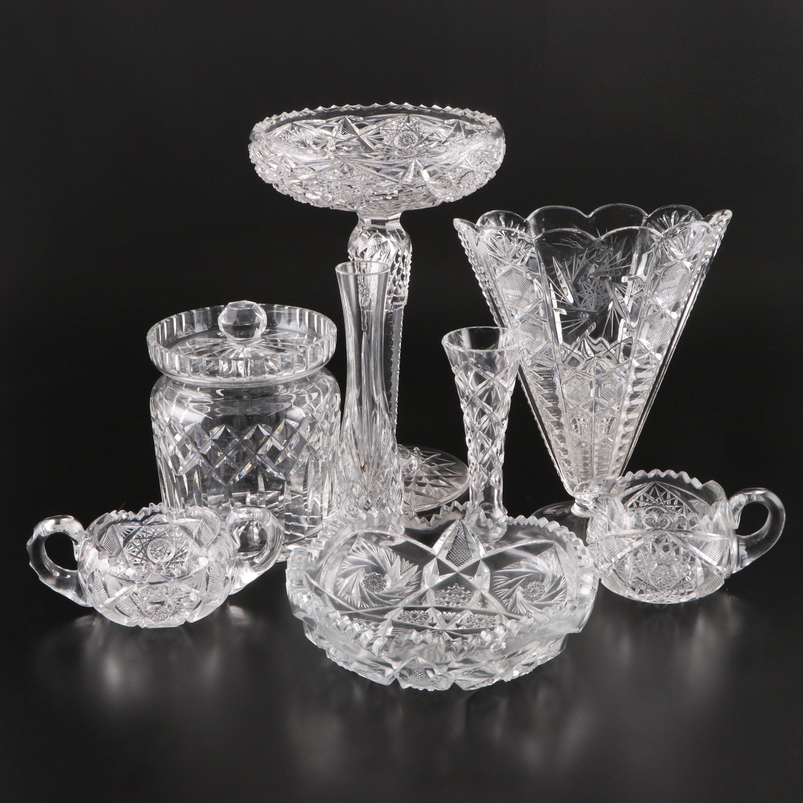 American Brilliant Style Cut Glass Compote with Cut Glass and Crystal Containers