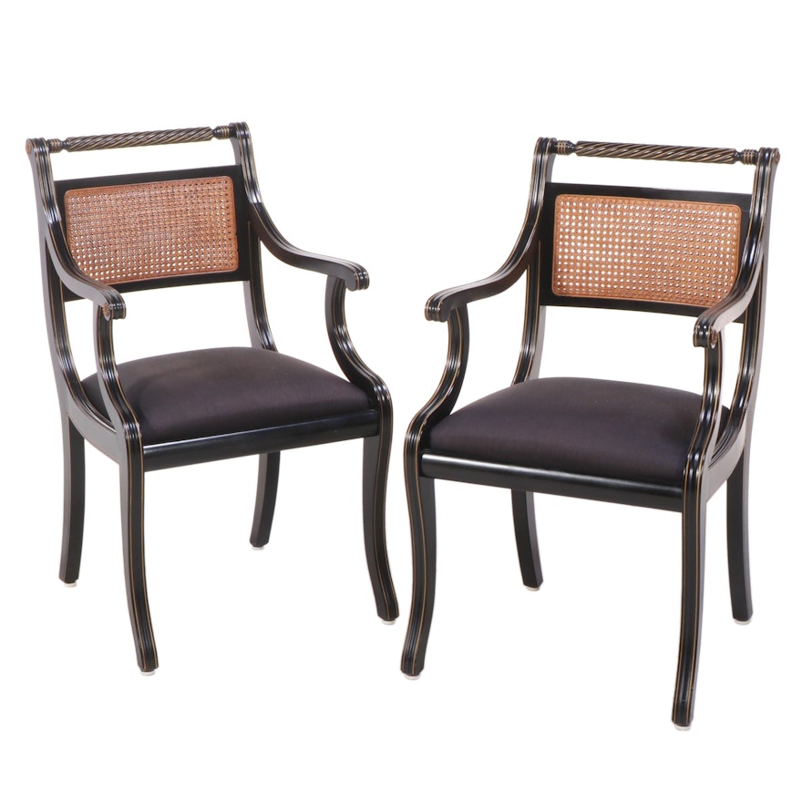 Italian Neoclassical Style Parcel-Gilt and Ebonized Cane-Back Dining Armchairs
