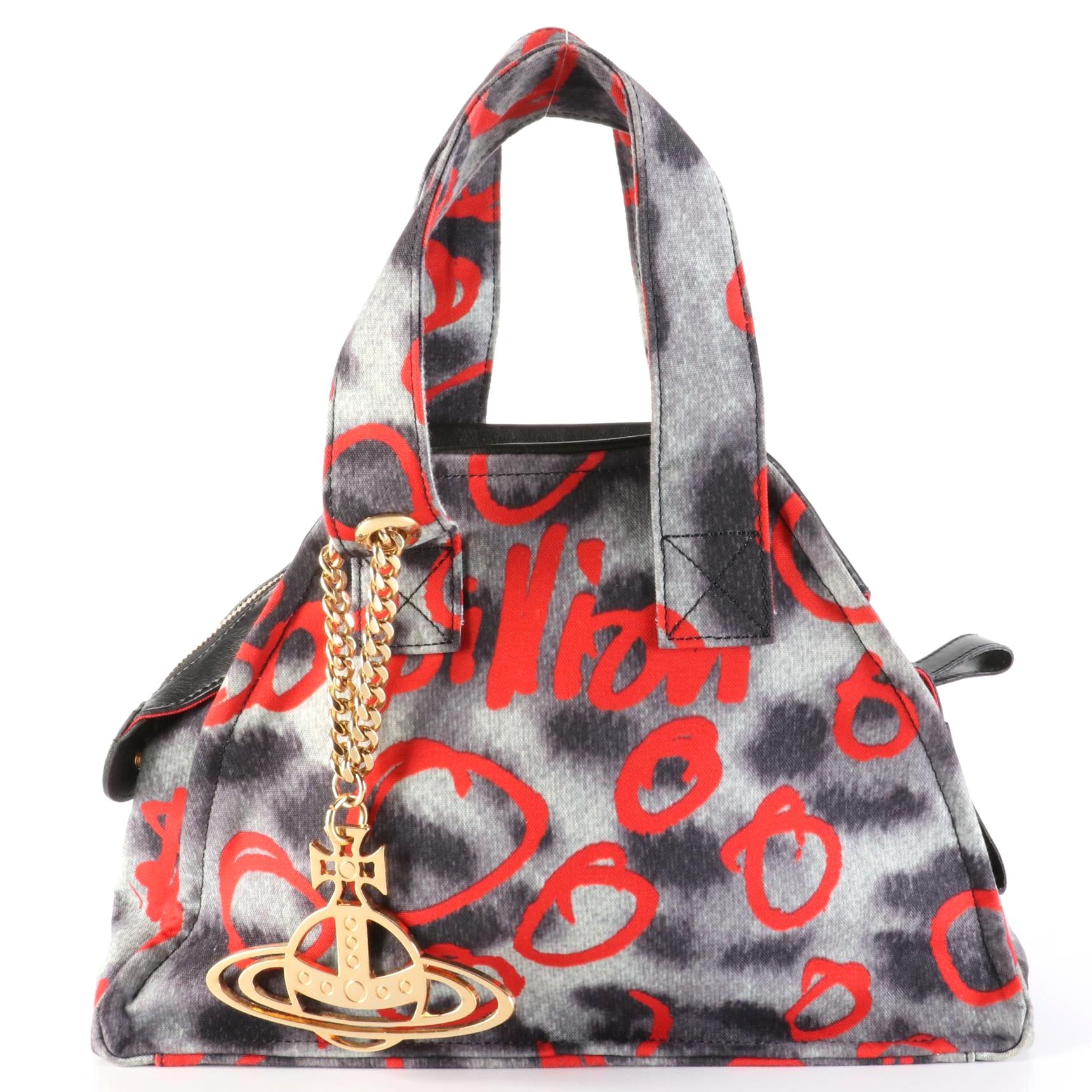 Vivienne Westwood Graffiti Leopard Print Bag in Canvas with Gold Tone Orb Charm