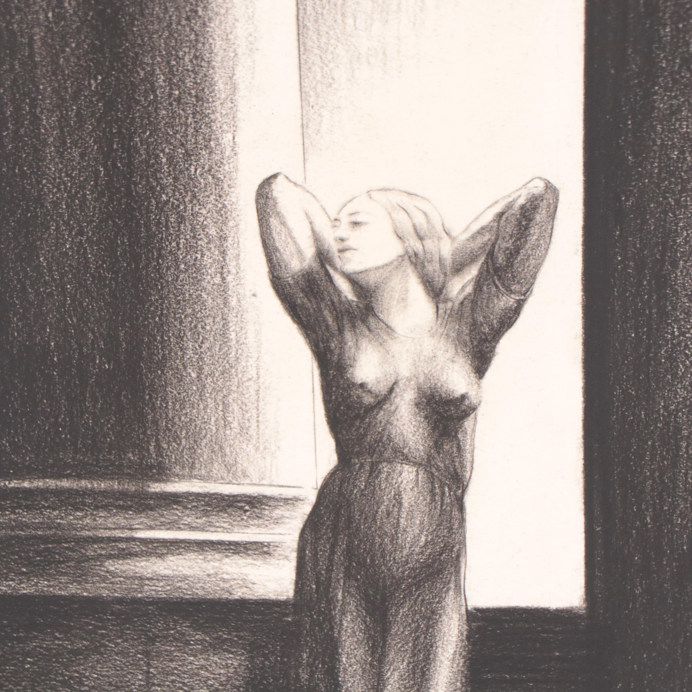 Dan Burne Jones Figural Carbon Crayon Drawing of Standing Woman