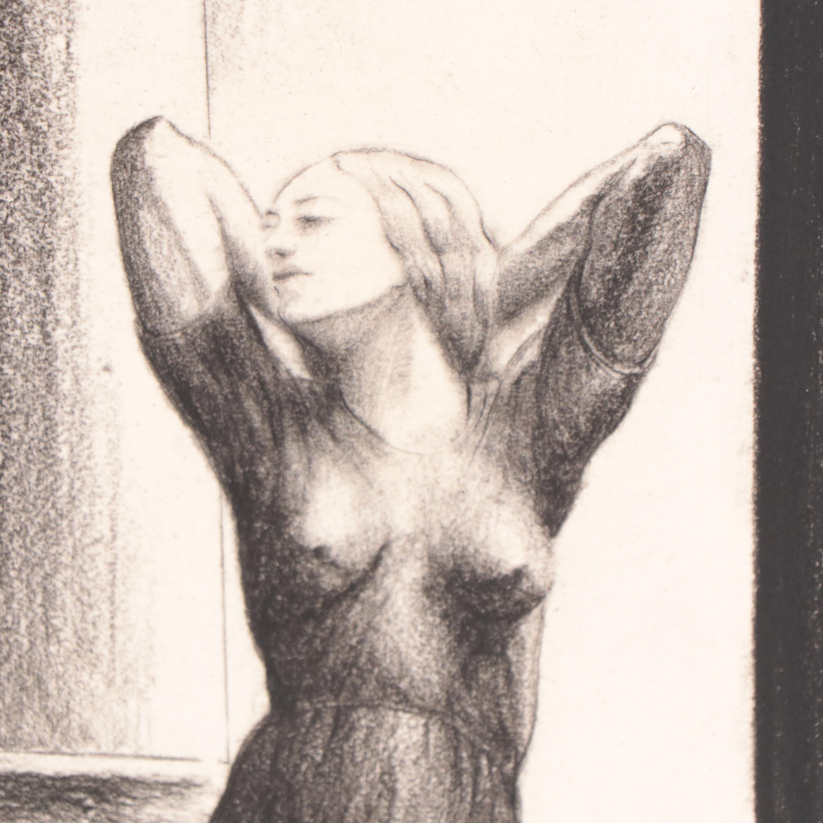 Dan Burne Jones Figural Carbon Crayon Drawing of Standing Woman