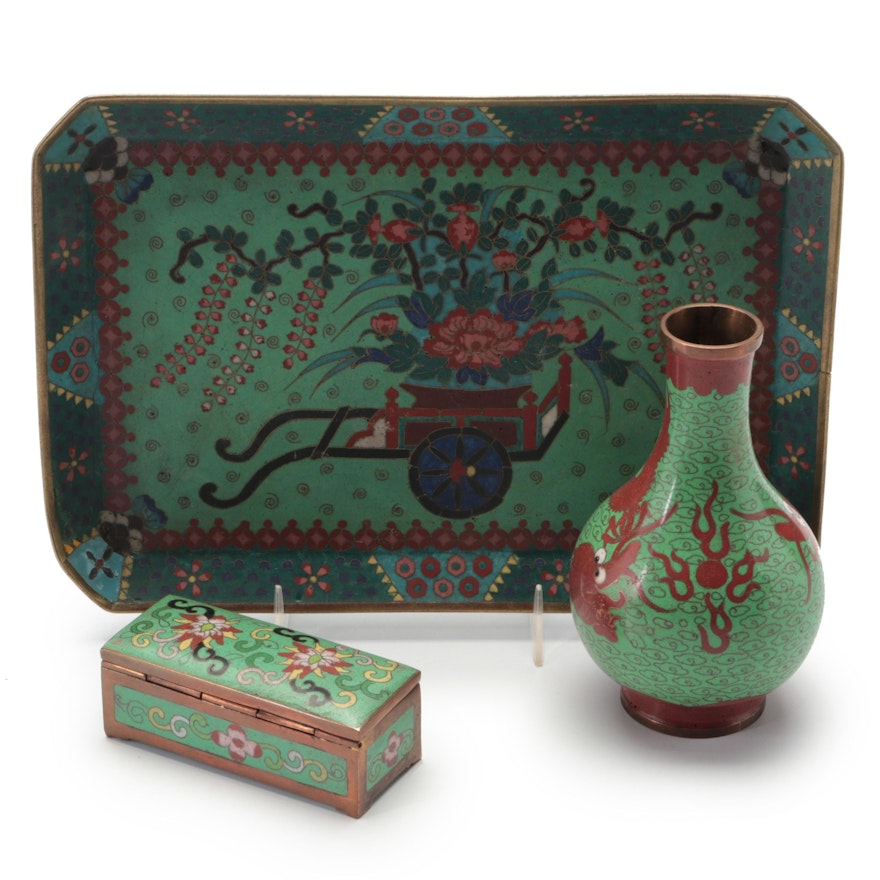 Chinese Cloisonné Tray with Dragon Vase and Stamp Box, 20th Century
