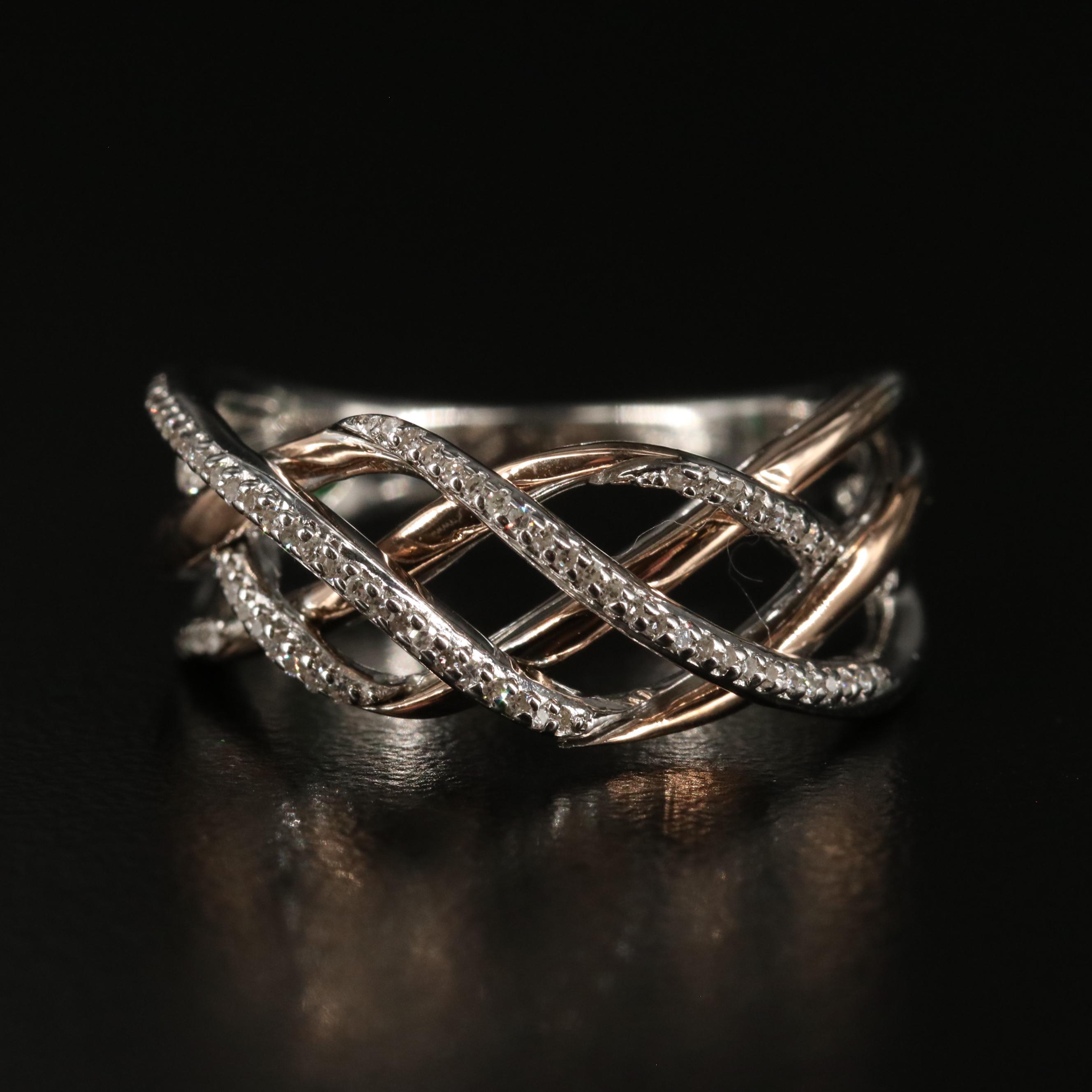 Sterling Diamond Crossover Ring with 10K Rose Gold Accent