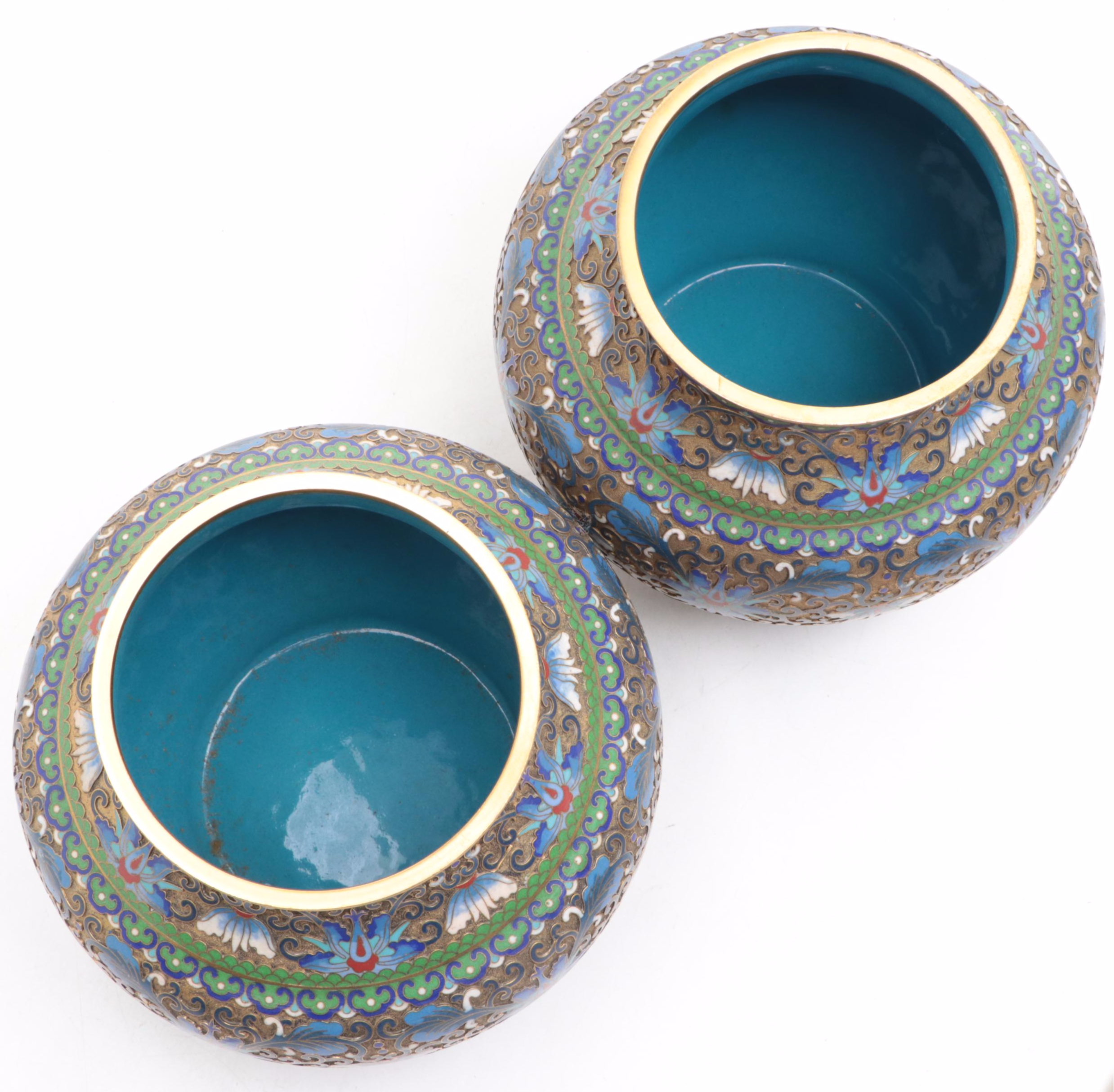 Chinese Champlevé Guardian Lion Covered Jars, 20th Century