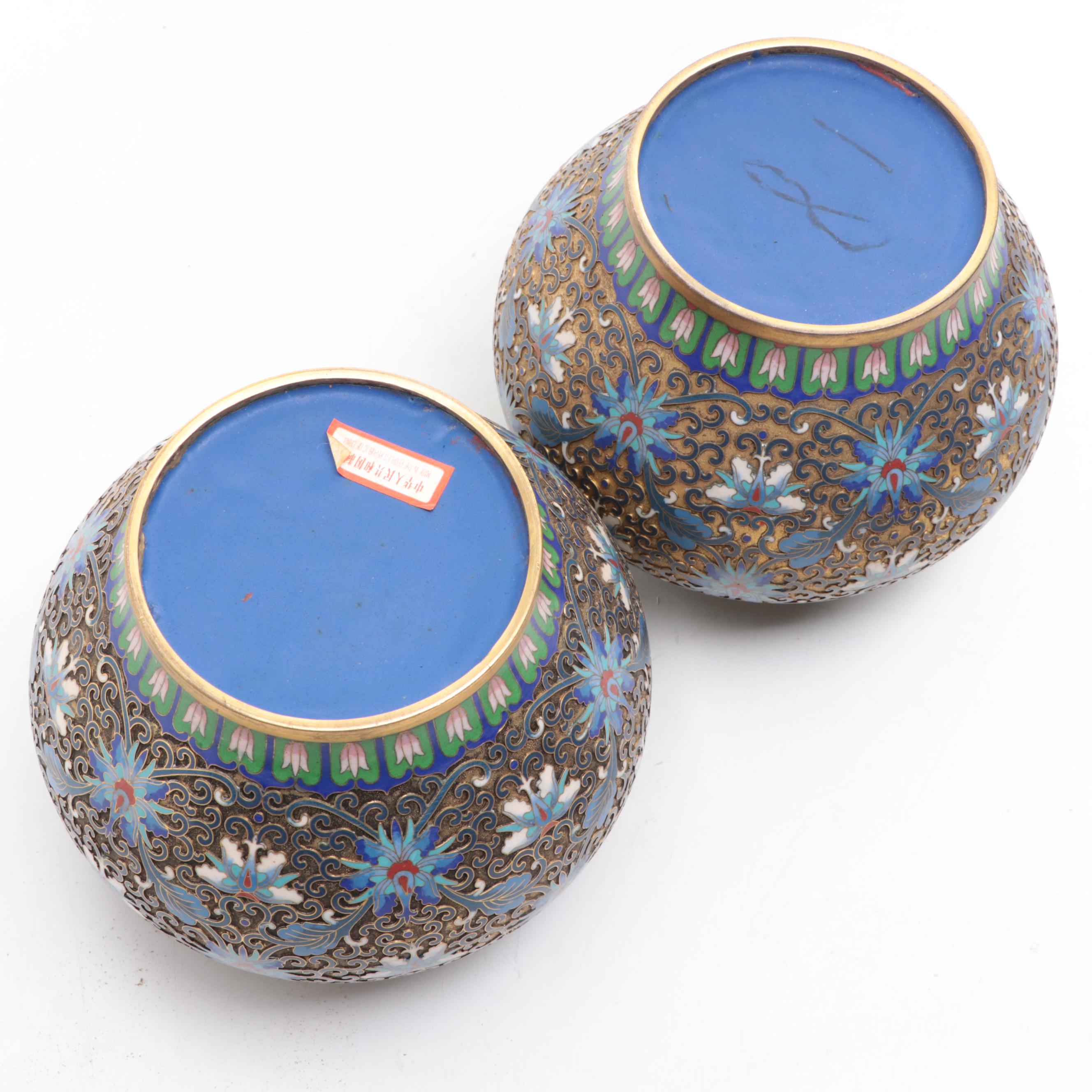 Chinese Champlevé Guardian Lion Covered Jars, 20th Century