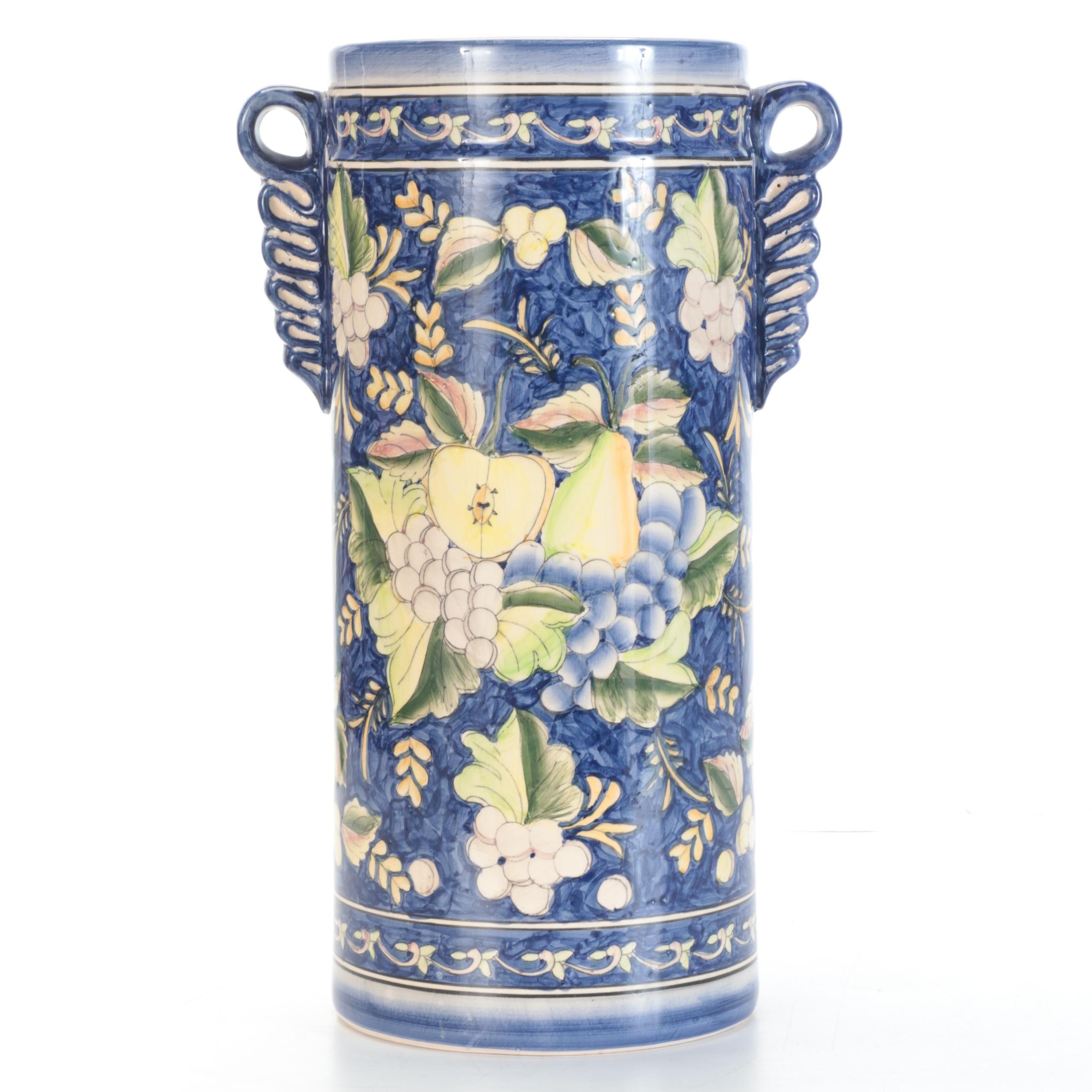 Majolica Style Fruit Motif Ceramic Umbrella Stand