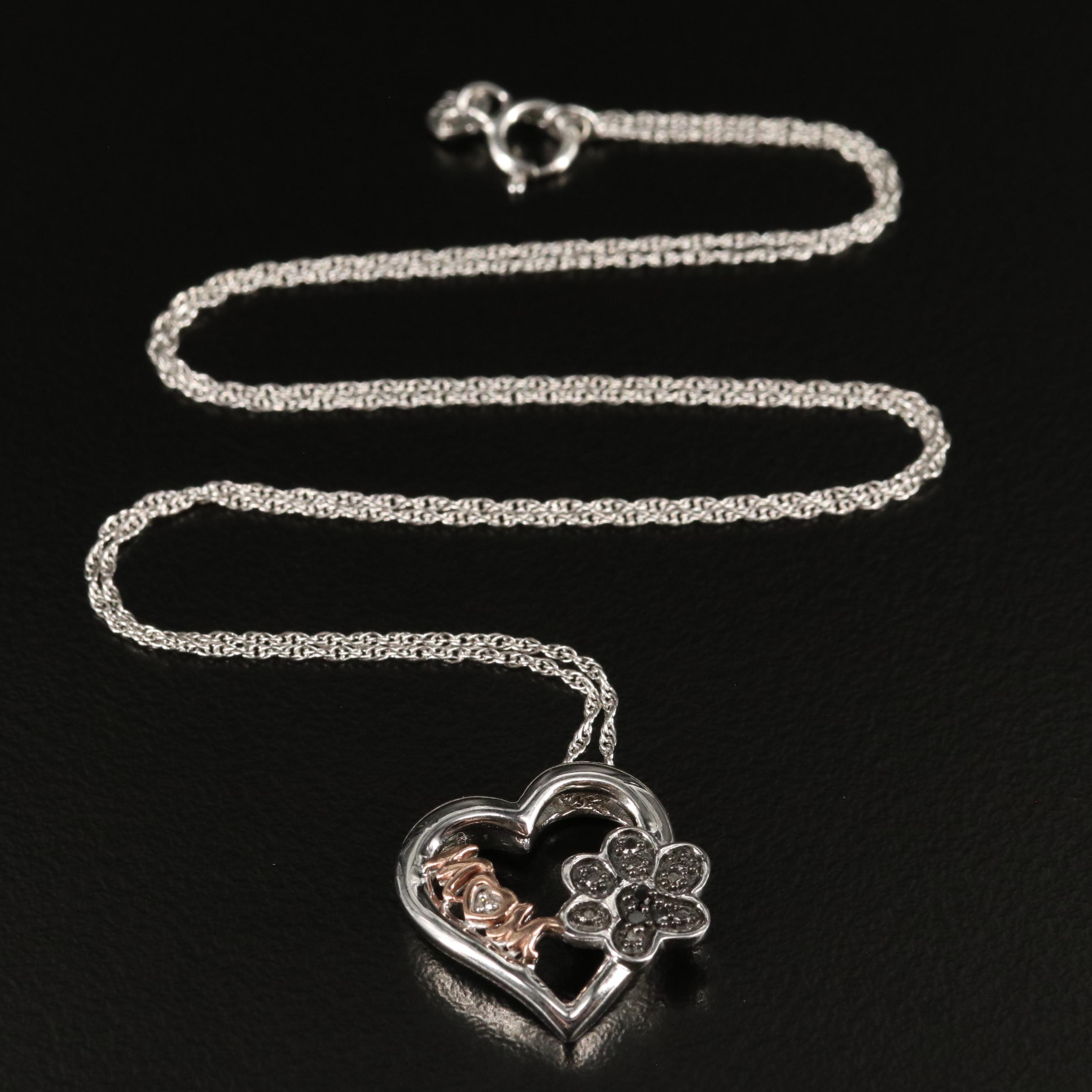 Sterling Diamond Paw Print Heart Pendant Necklace with 10K Accent