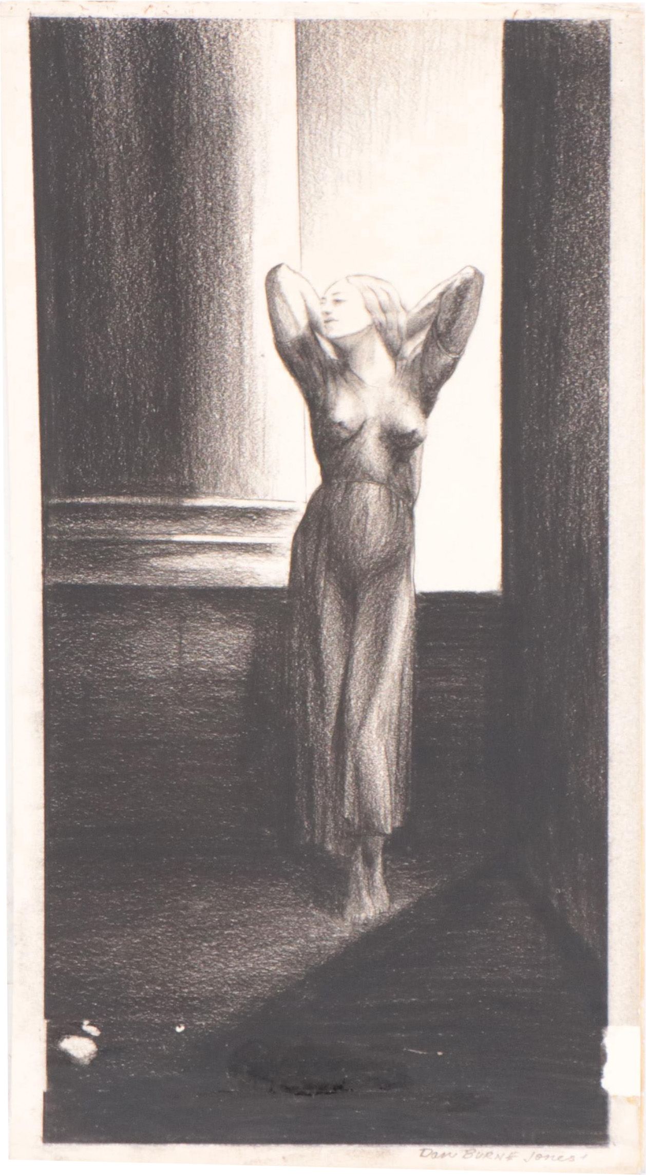 Dan Burne Jones Figural Carbon Crayon Drawing of Standing Woman