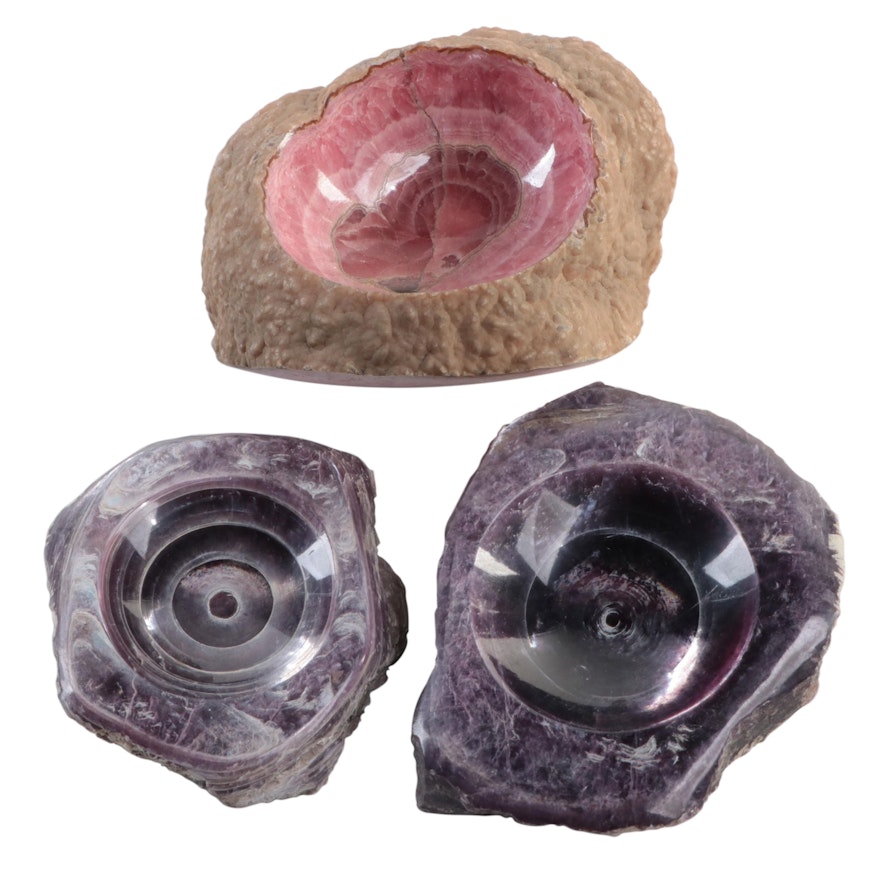 Cut and Polished Brazilian Amethyst and Rhodochrosite Dishes