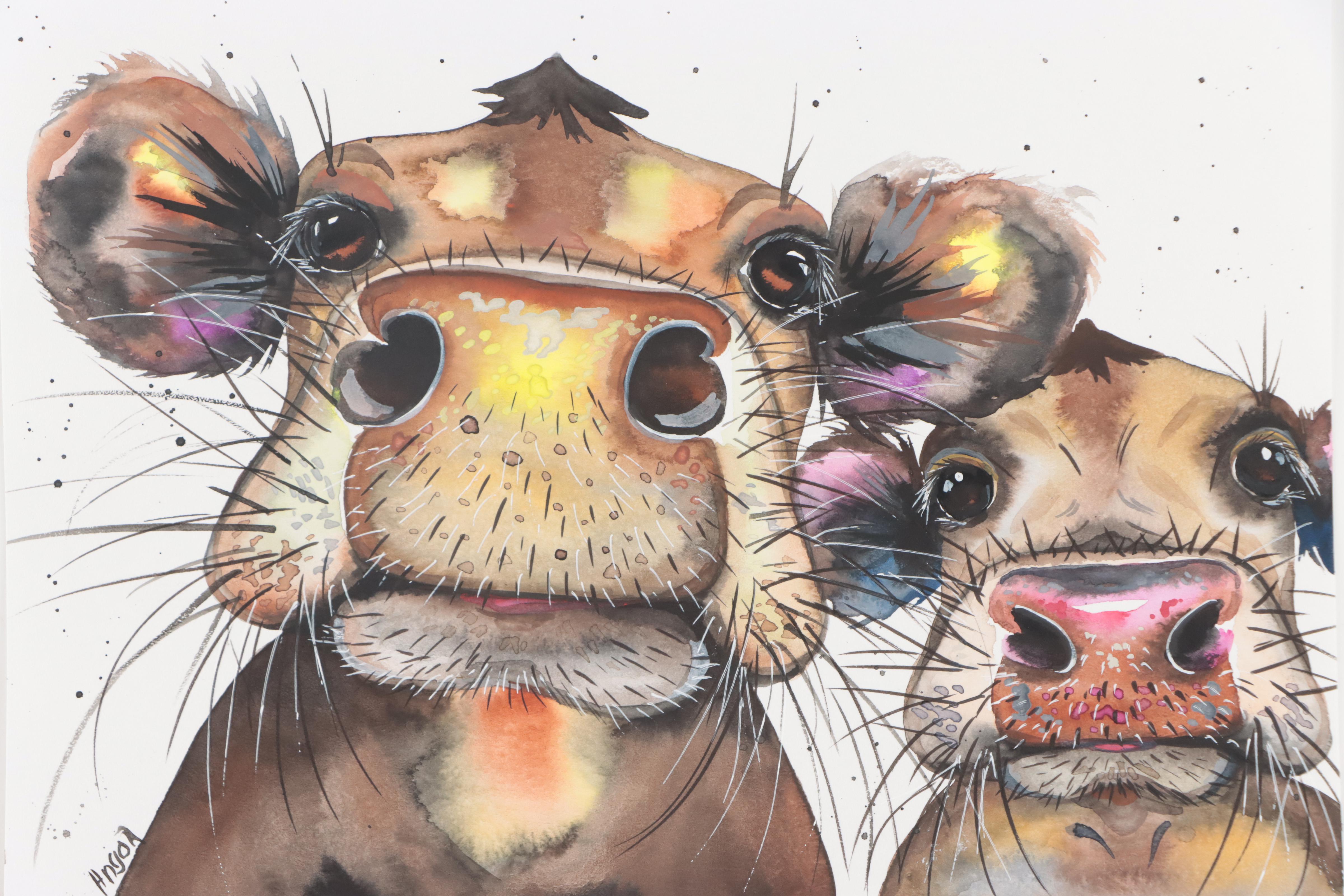 Anne Gorywine Watercolor Painting of Cows, 2019