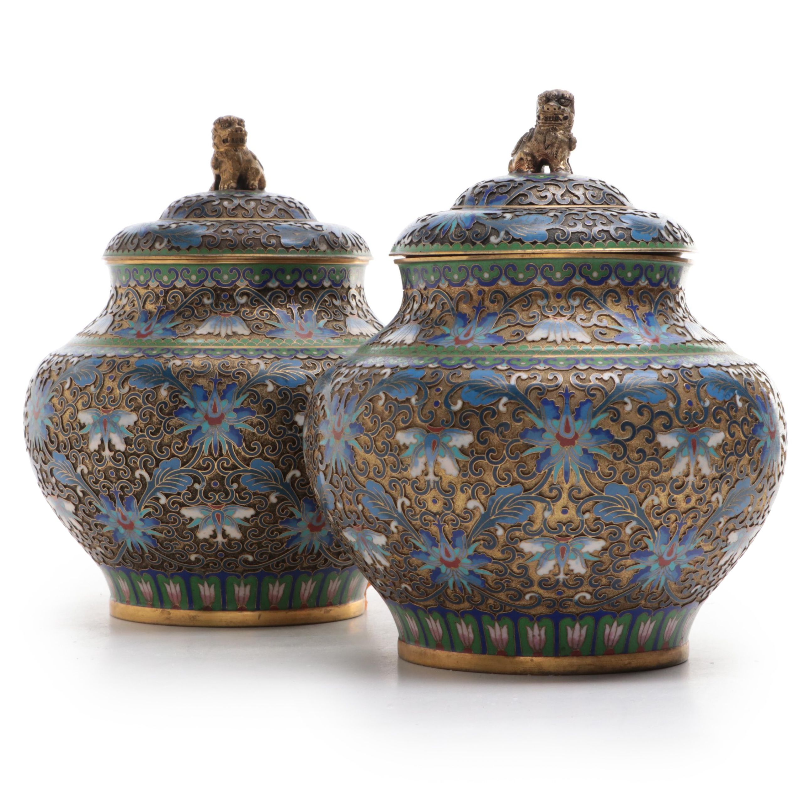 Chinese Champlevé Guardian Lion Covered Jars, 20th Century