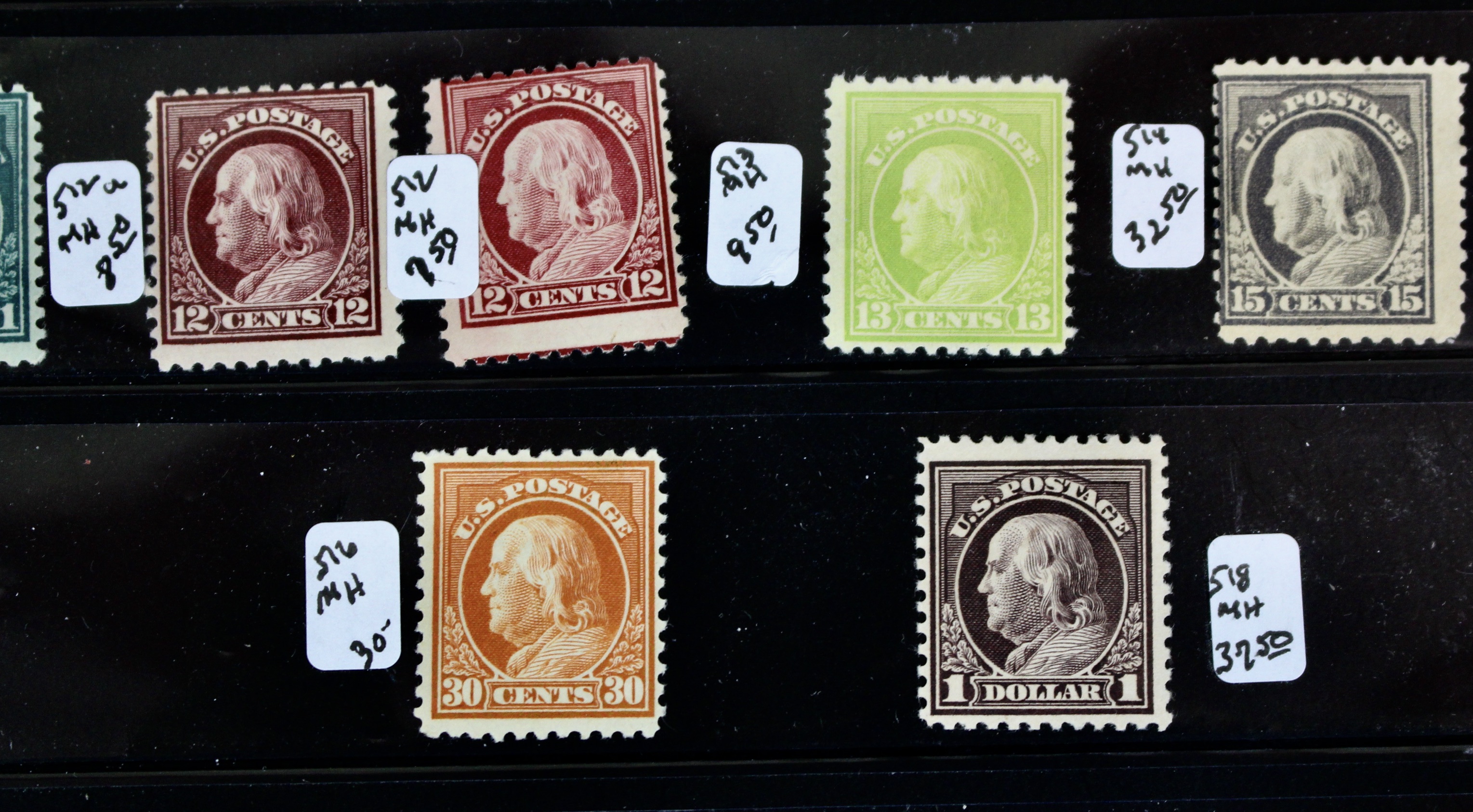 Thirty-Two Mint Hinged Washington and Franklin U.S. Postage Stamps