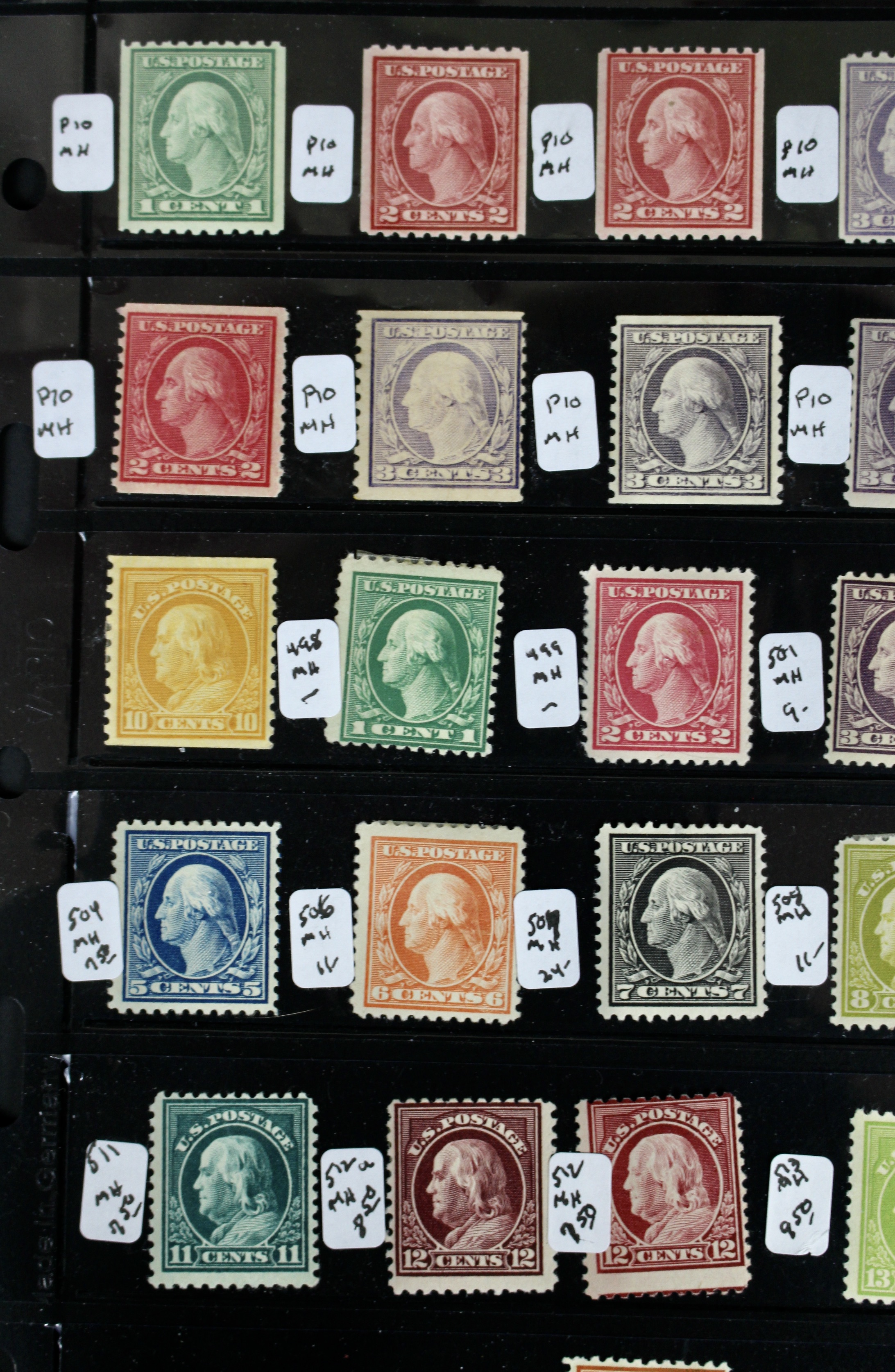 Thirty-Two Mint Hinged Washington and Franklin U.S. Postage Stamps