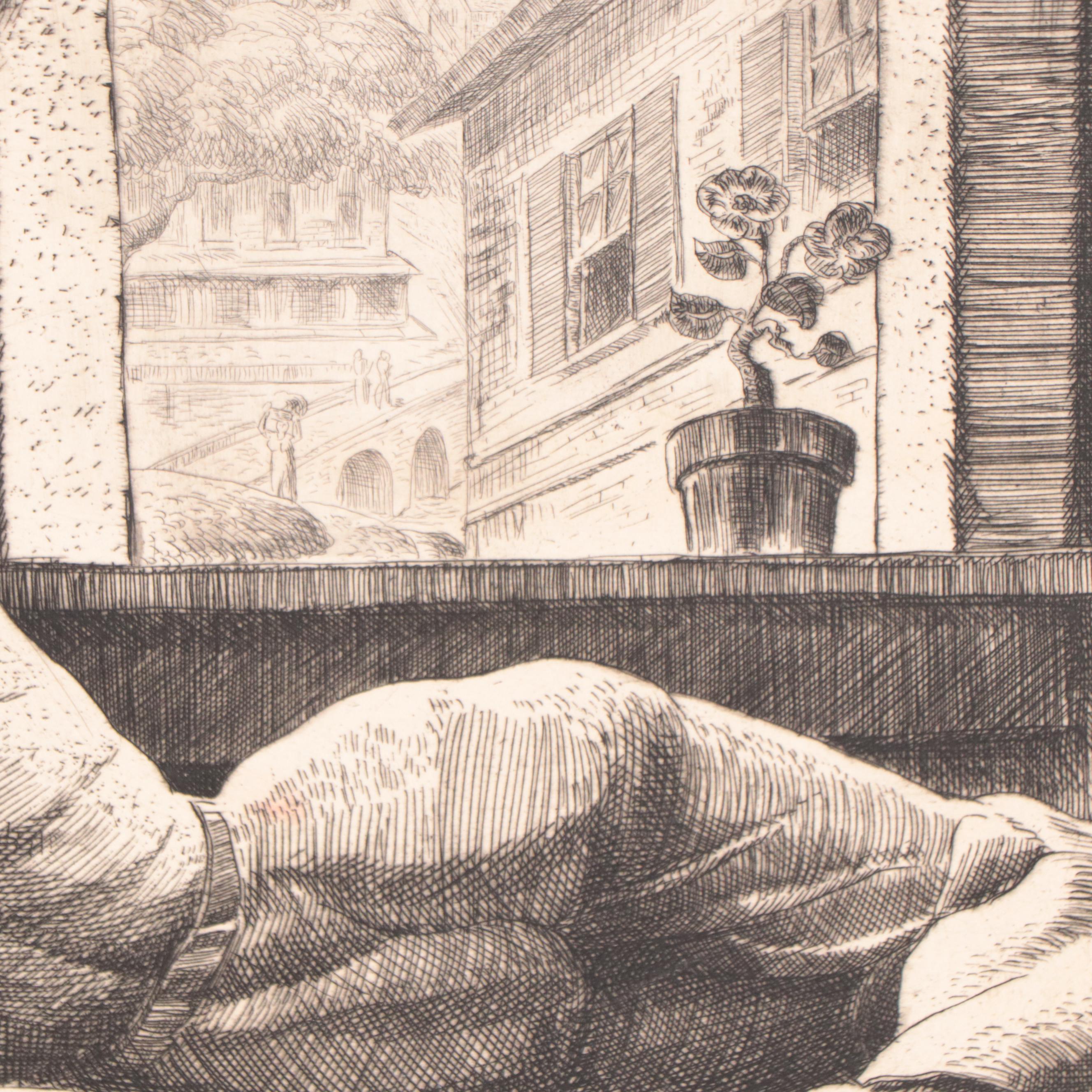 Dan Burne Jones Etching of Reclining Figure "The Outward Room"