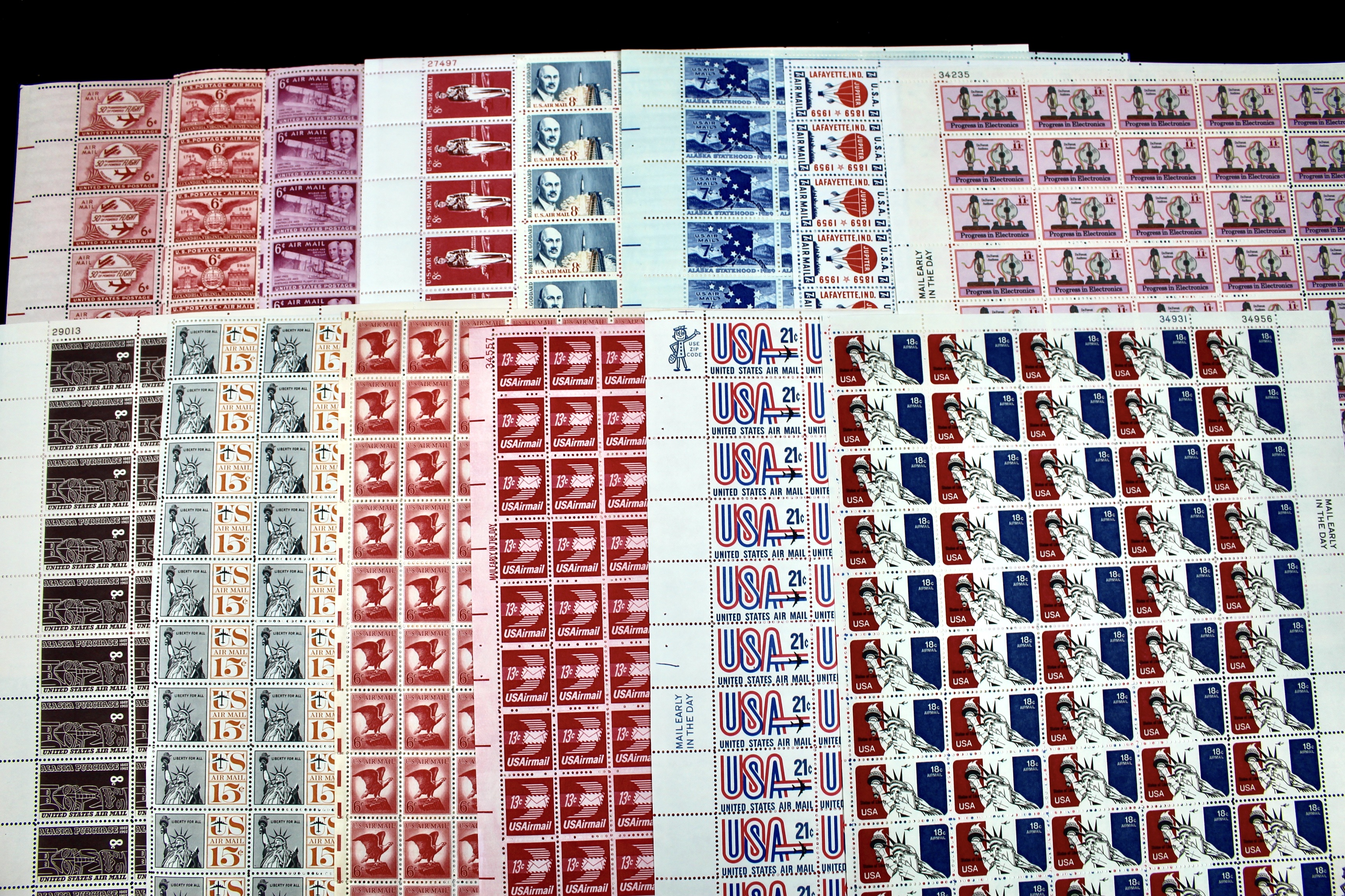 Fourteen Different U.S. Airmail Postage Stamp Sheets
