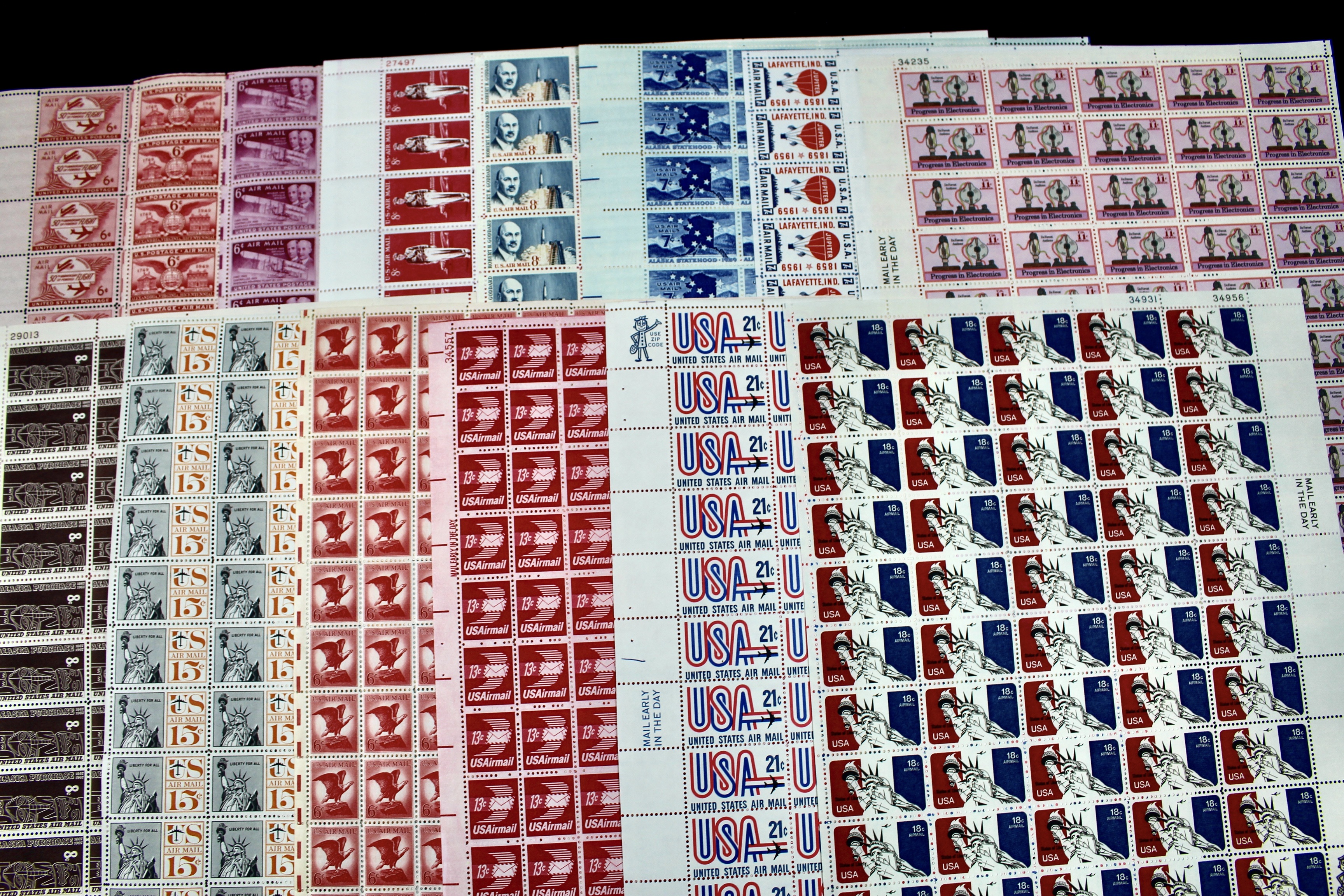 Fourteen Different U.S. Airmail Postage Stamp Sheets