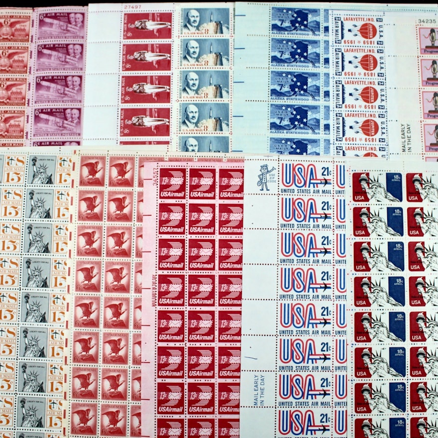 Fourteen Different U.S. Airmail Postage Stamp Sheets