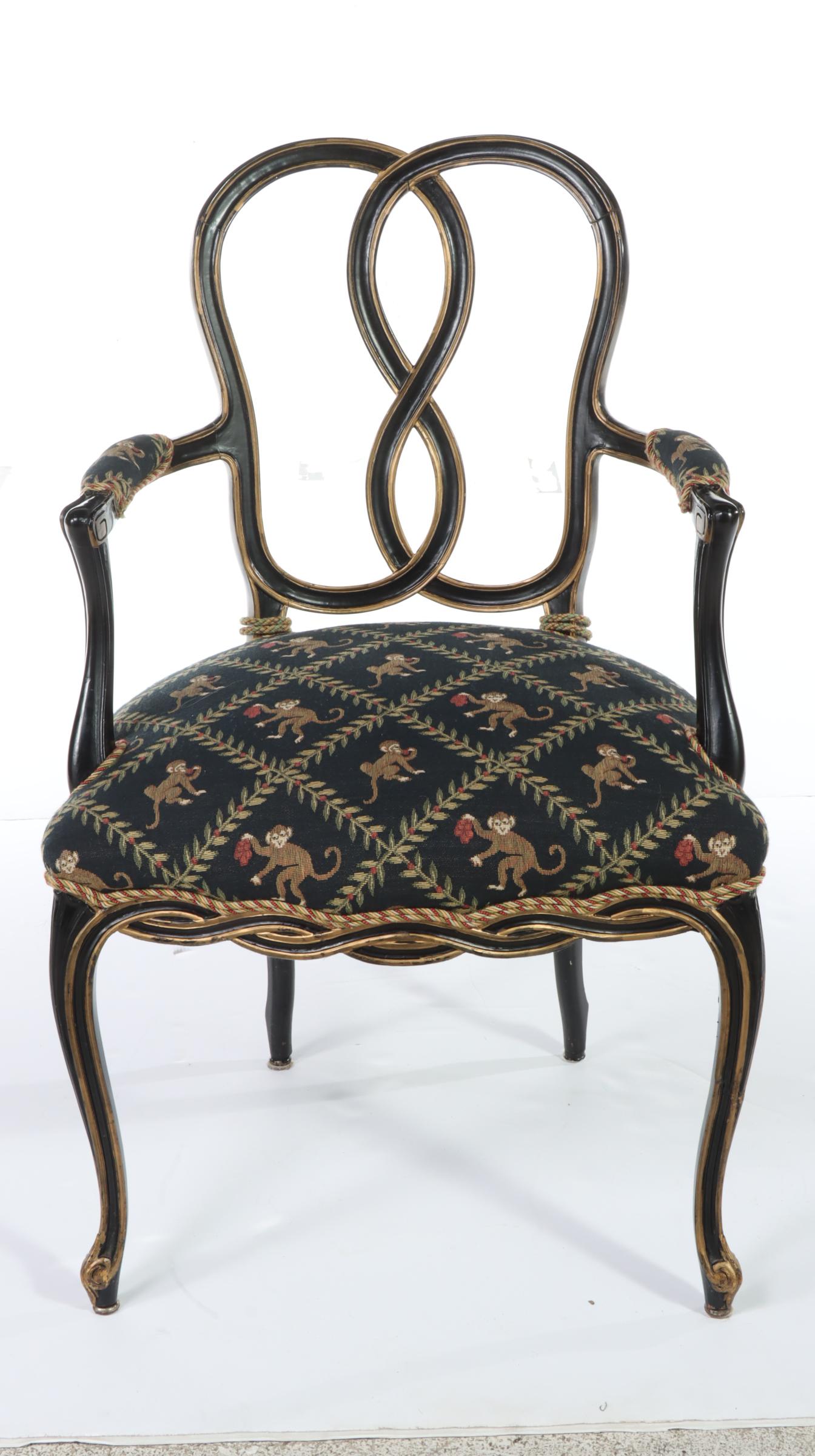 Louis XV Style Ebonized, Parcel-Gilt, and Custom-Upholstered Fauteuil