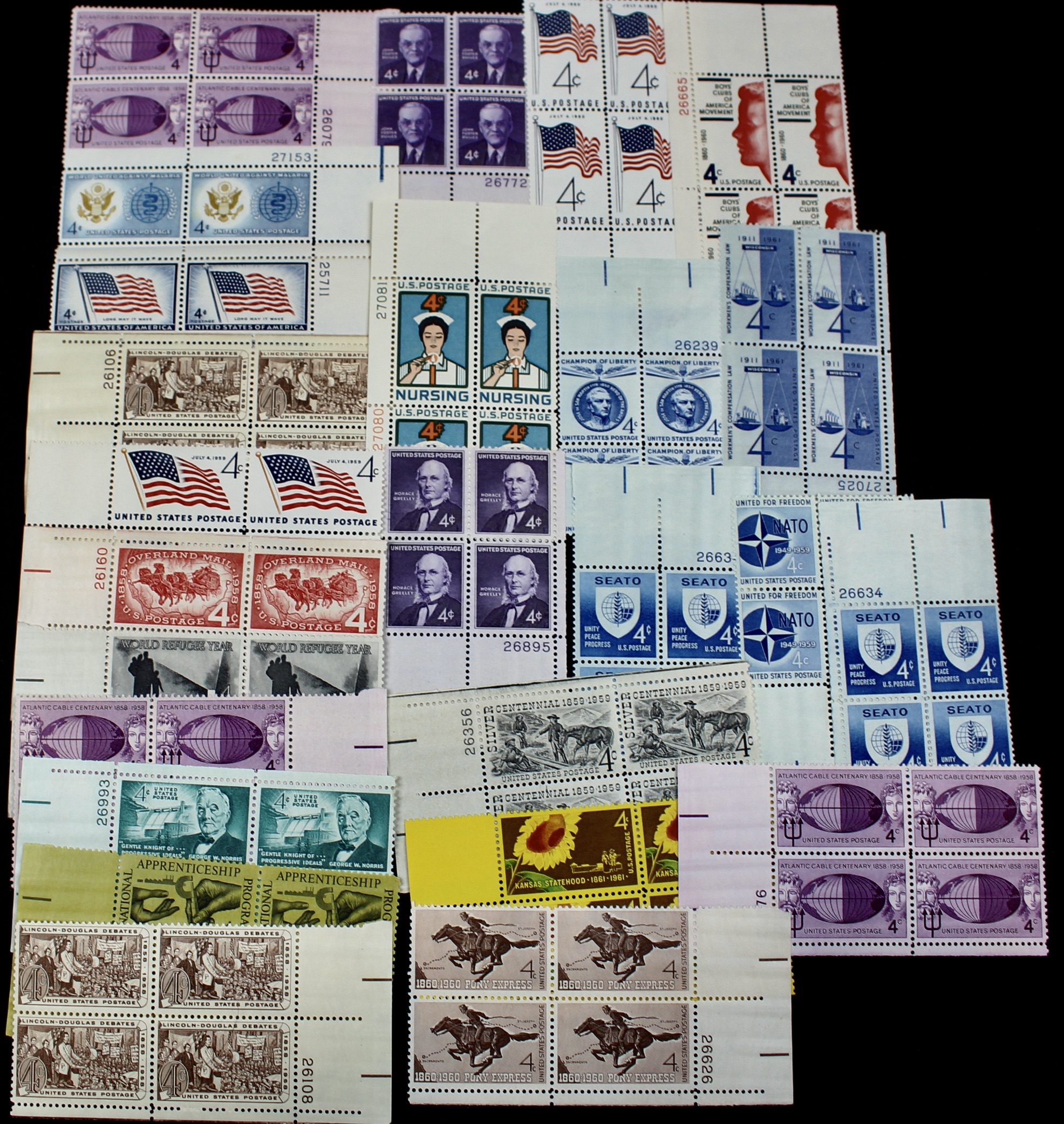 1,000 Postage Stamp 4-Cent U.S. Plate Blocks, 1950s to 1960s