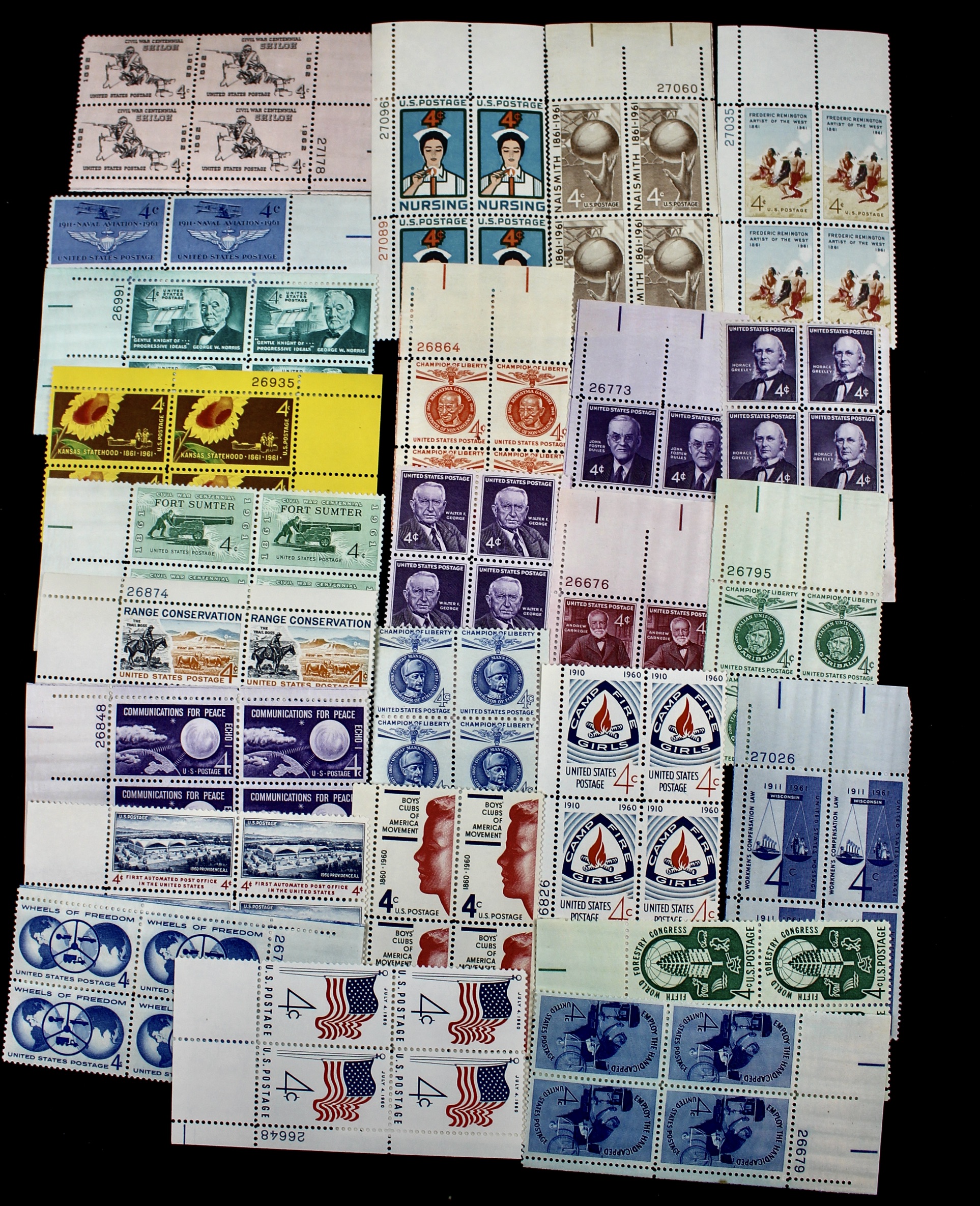 1,000 Postage Stamp 4-Cent U.S. Plate Blocks, 1950s to 1960s