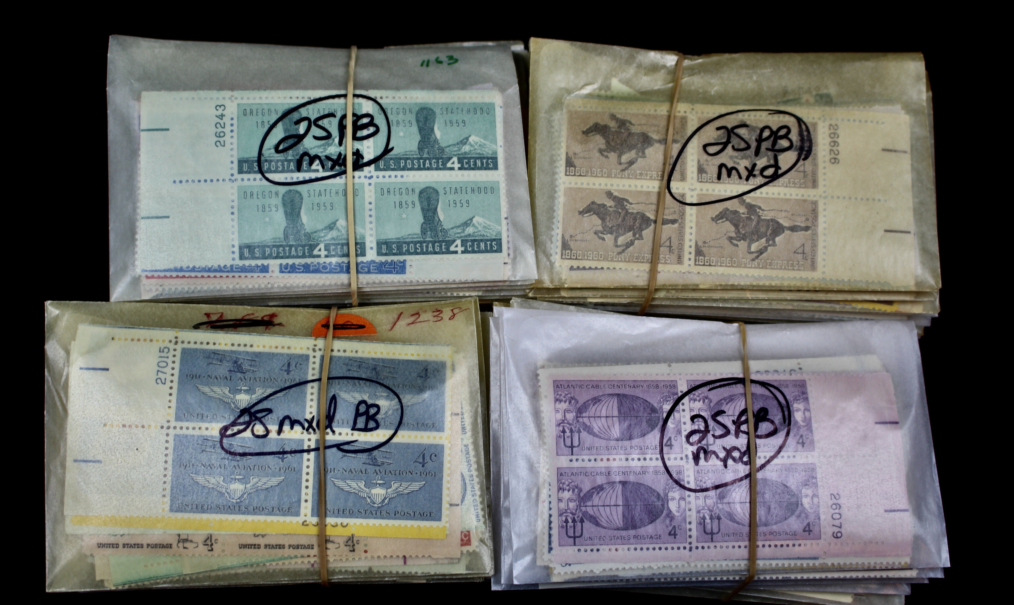 1,000 Postage Stamp 4-Cent U.S. Plate Blocks, 1950s to 1960s