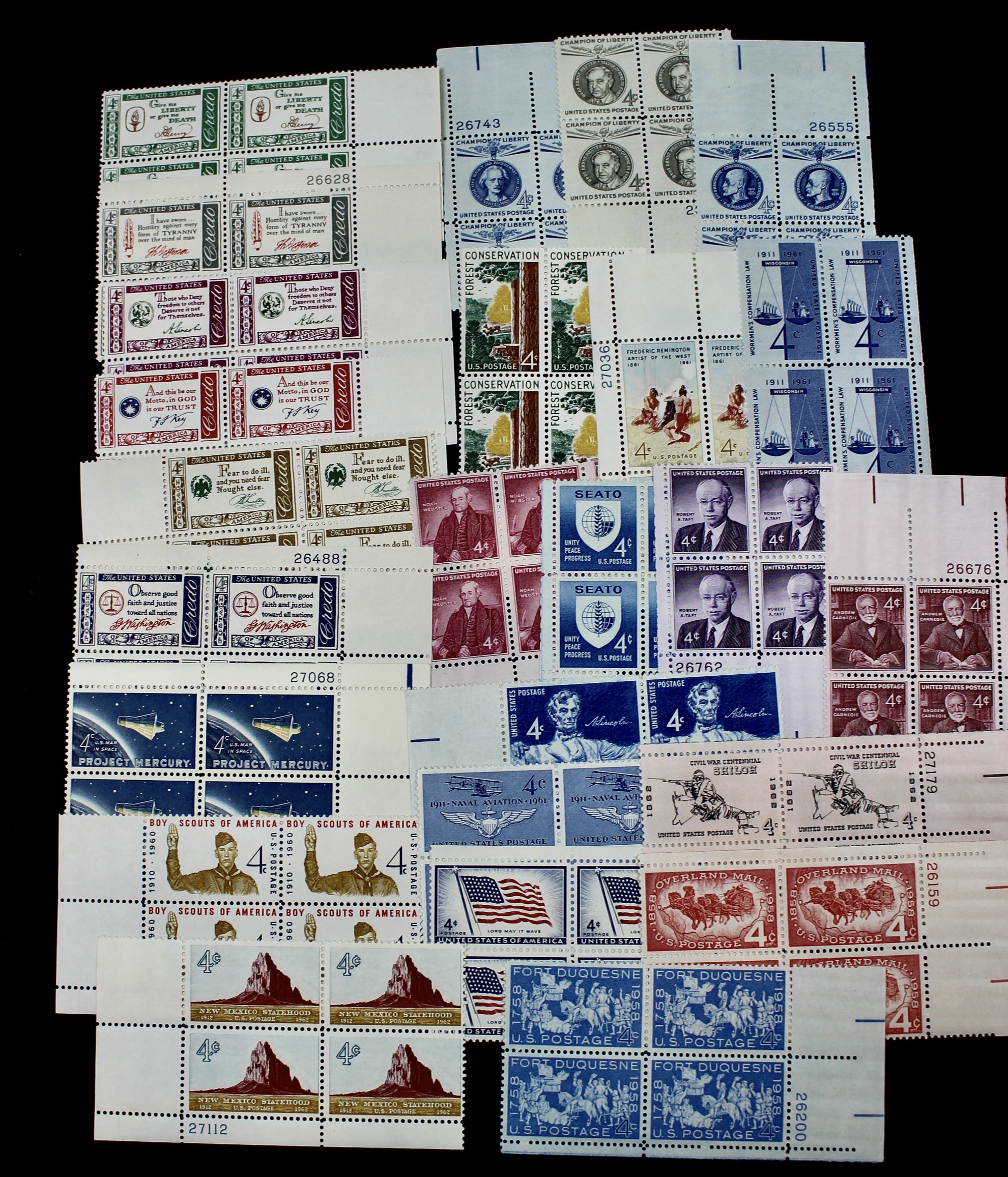 1,000 Postage Stamp 4-Cent U.S. Plate Blocks, 1950s to 1960s