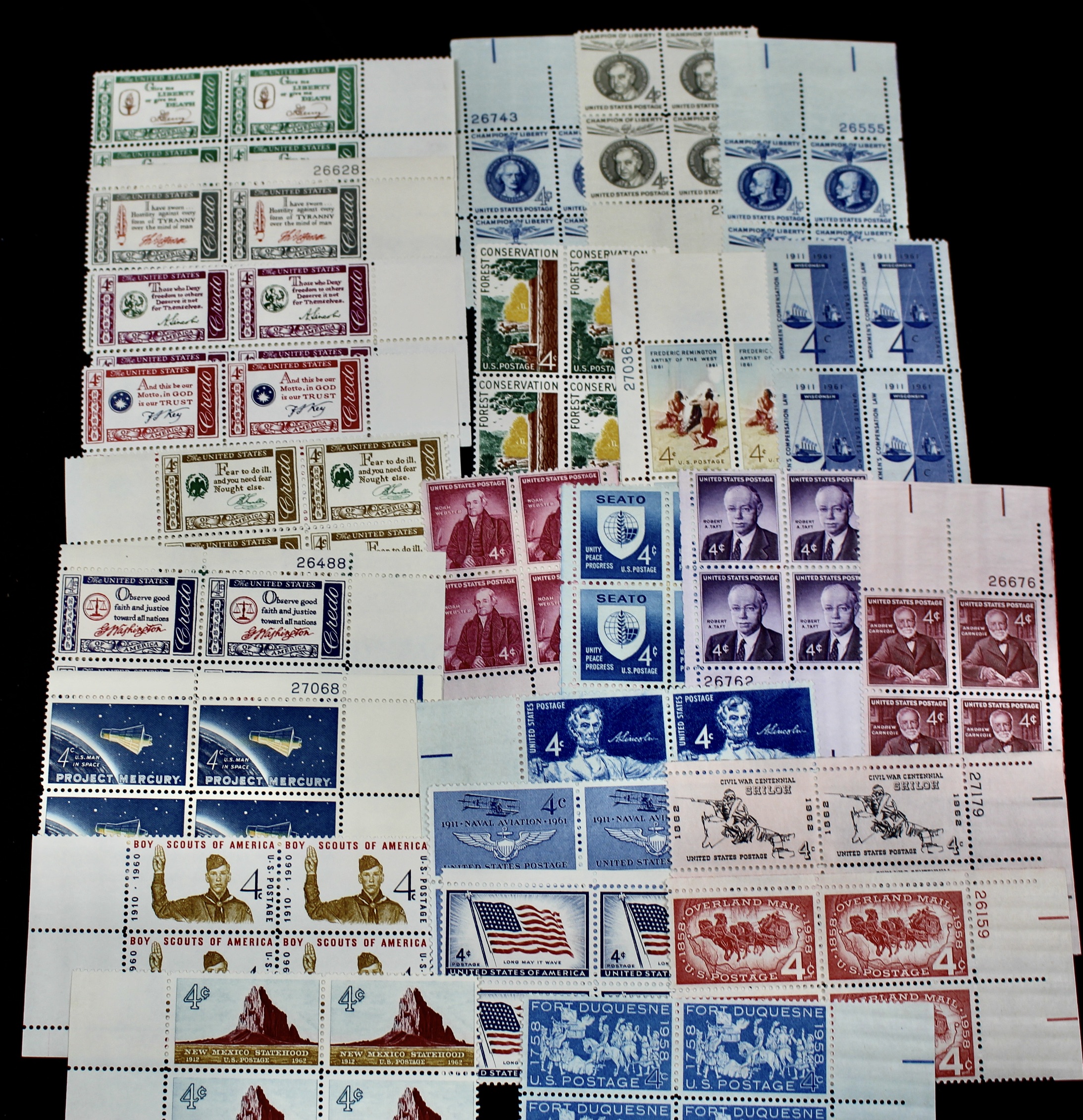 1,000 Postage Stamp 4-Cent U.S. Plate Blocks, 1950s to 1960s