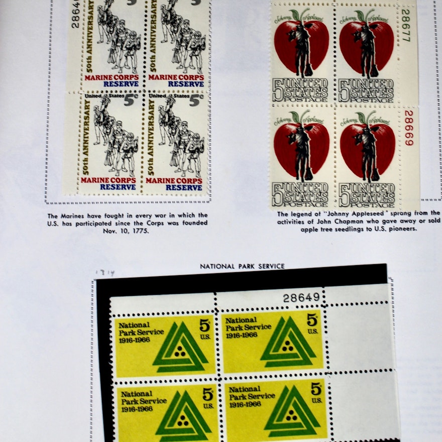 105 Different U.S. Postage Stamp Plate Blocks, 1966 to 1983