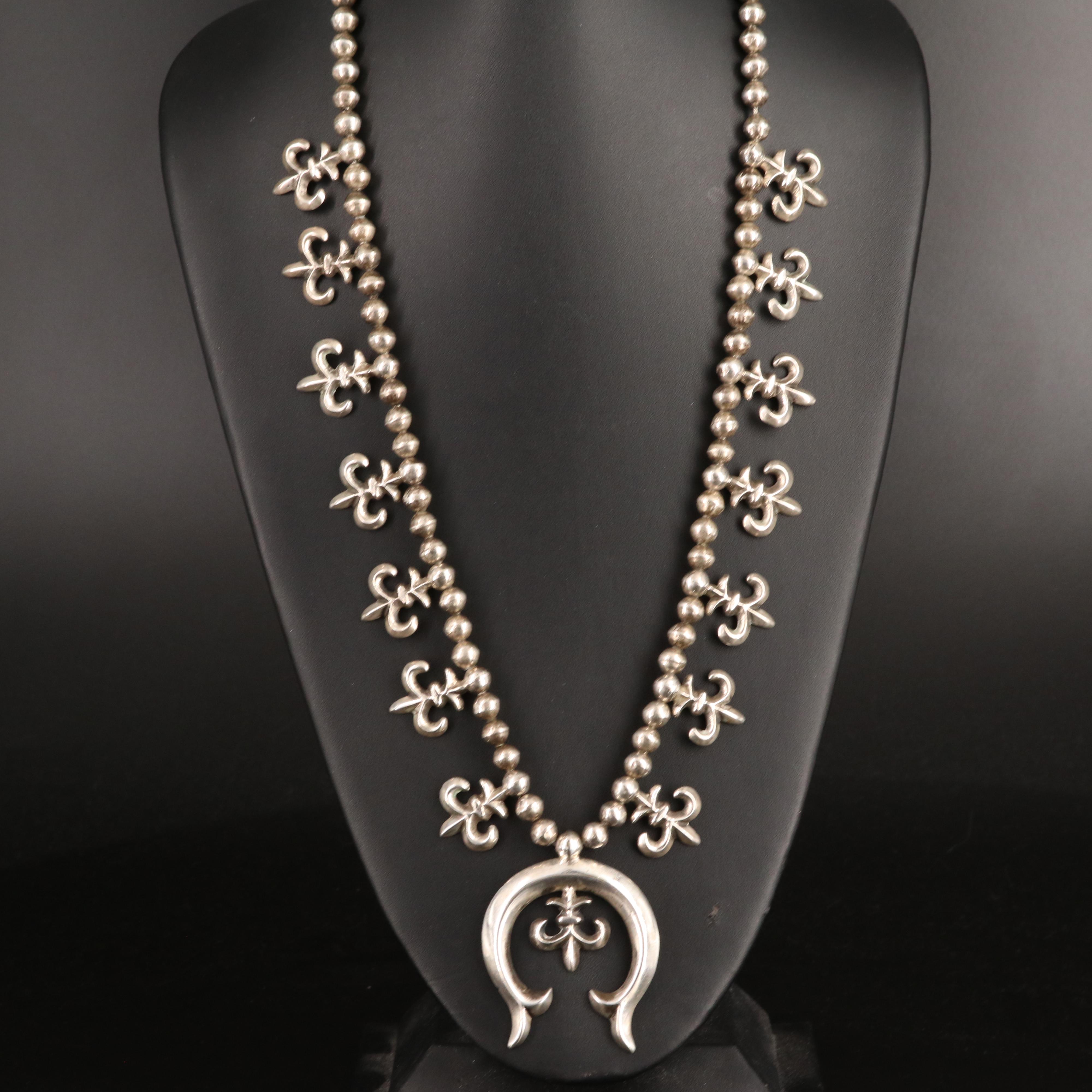 Vintage Sterling Sand Cast Najao and Fleur-de-Lis Beaded Necklace