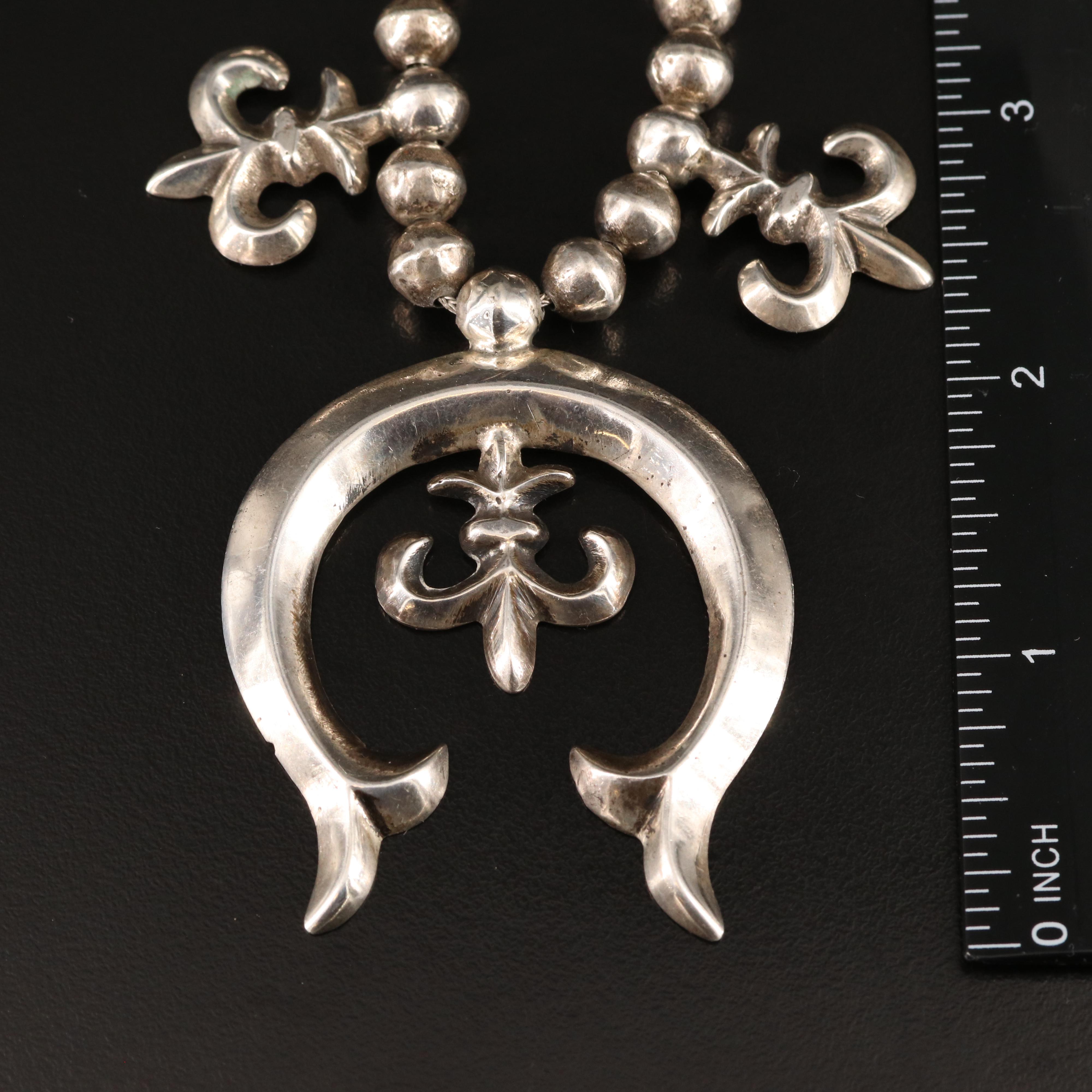 Vintage Sterling Sand Cast Najao and Fleur-de-Lis Beaded Necklace