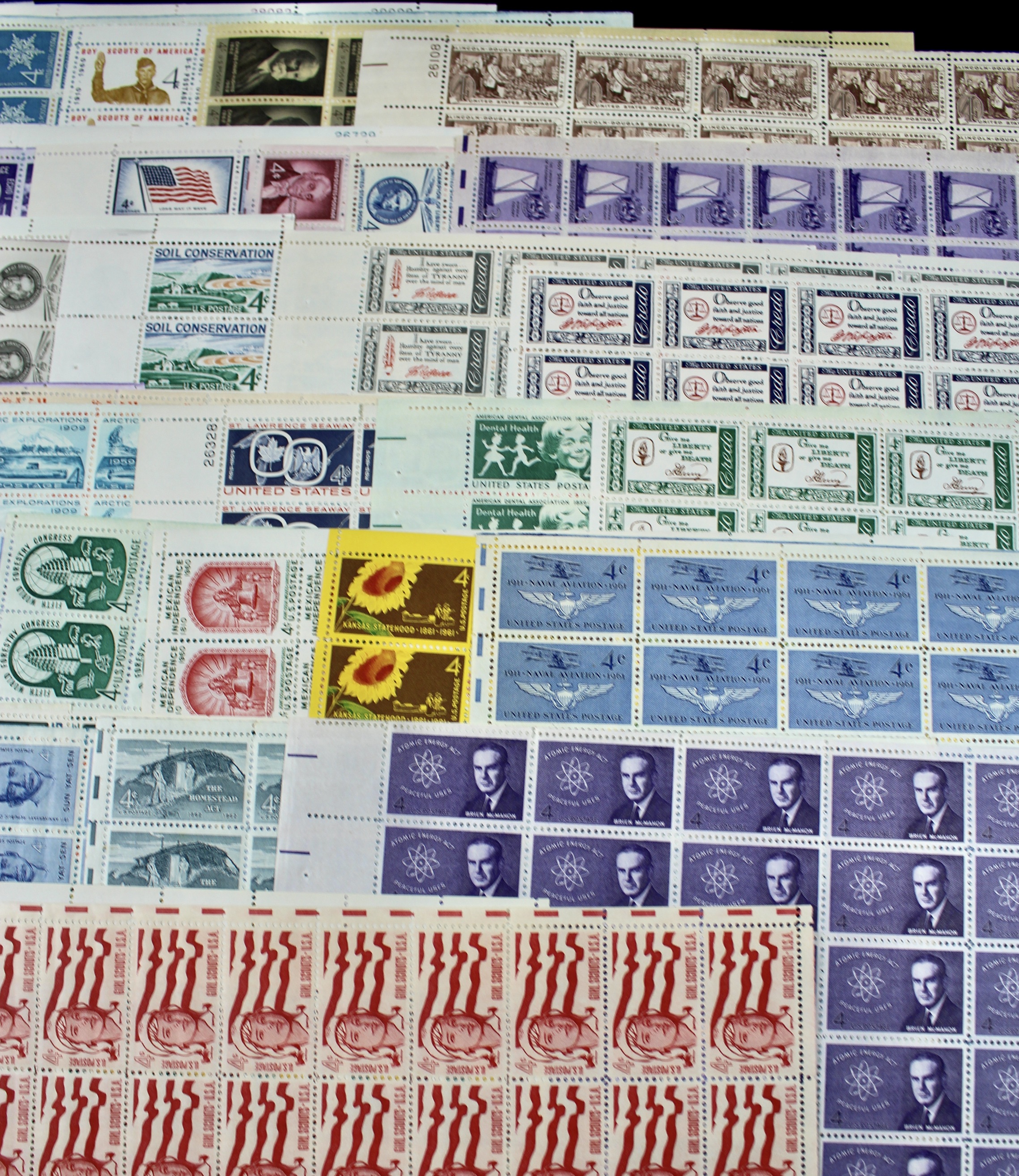 Sixty-Three Different 4-Cent Postage Stamp Sheets, 1950s to 1960s
