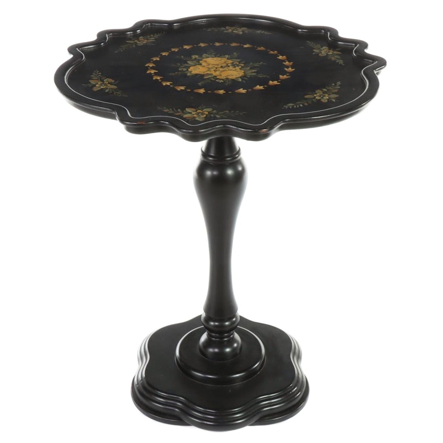 Contemporary Ebonized and Paint-Decorated Pedestal Side Table