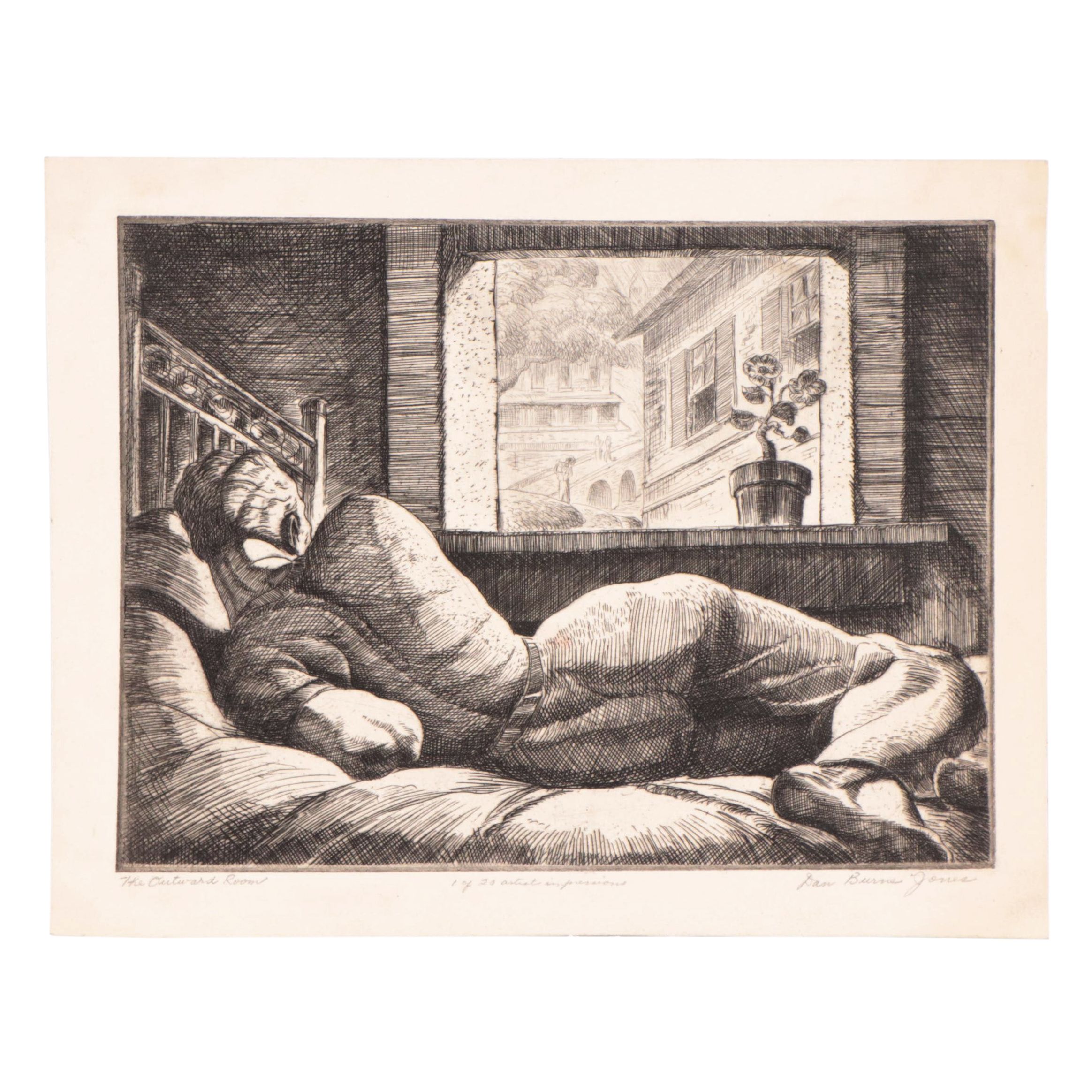 Dan Burne Jones Etching of Reclining Figure "The Outward Room"